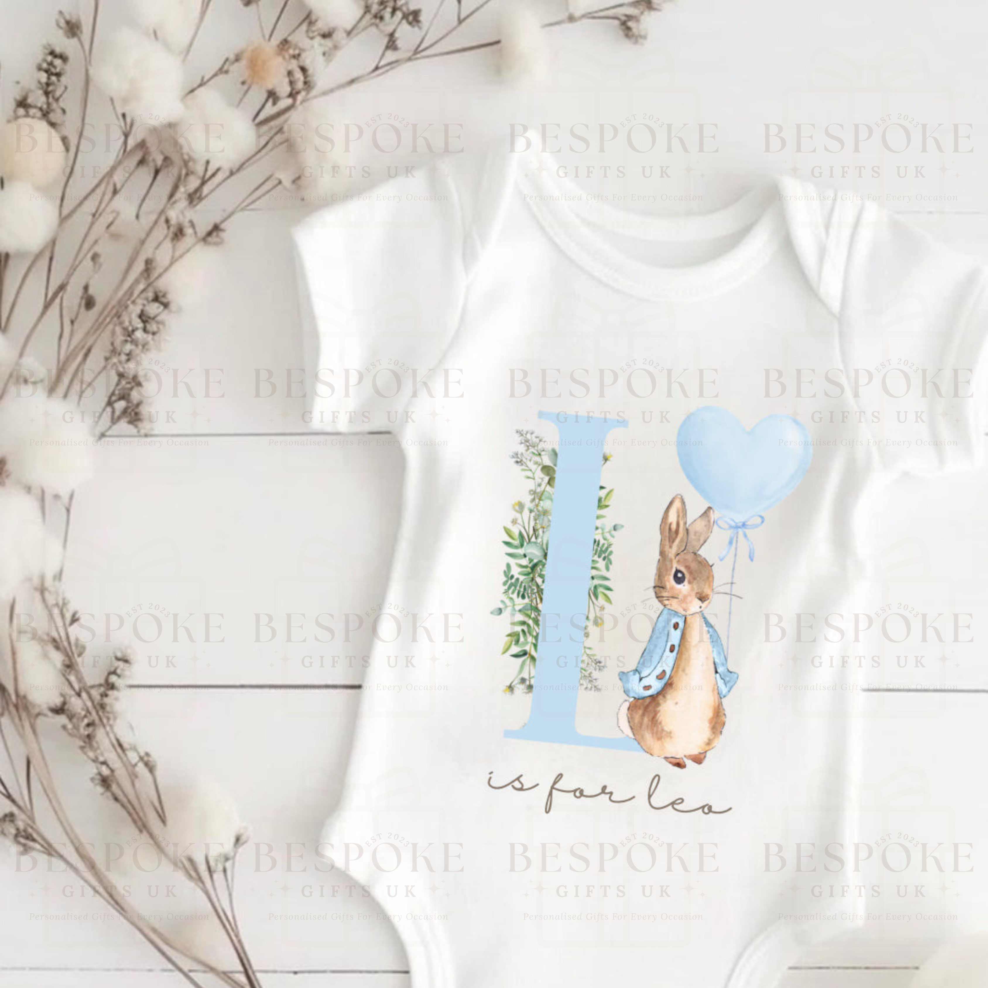 Personalised Initial Flopsy Short Sleeve Baby Bodysuit - Blue