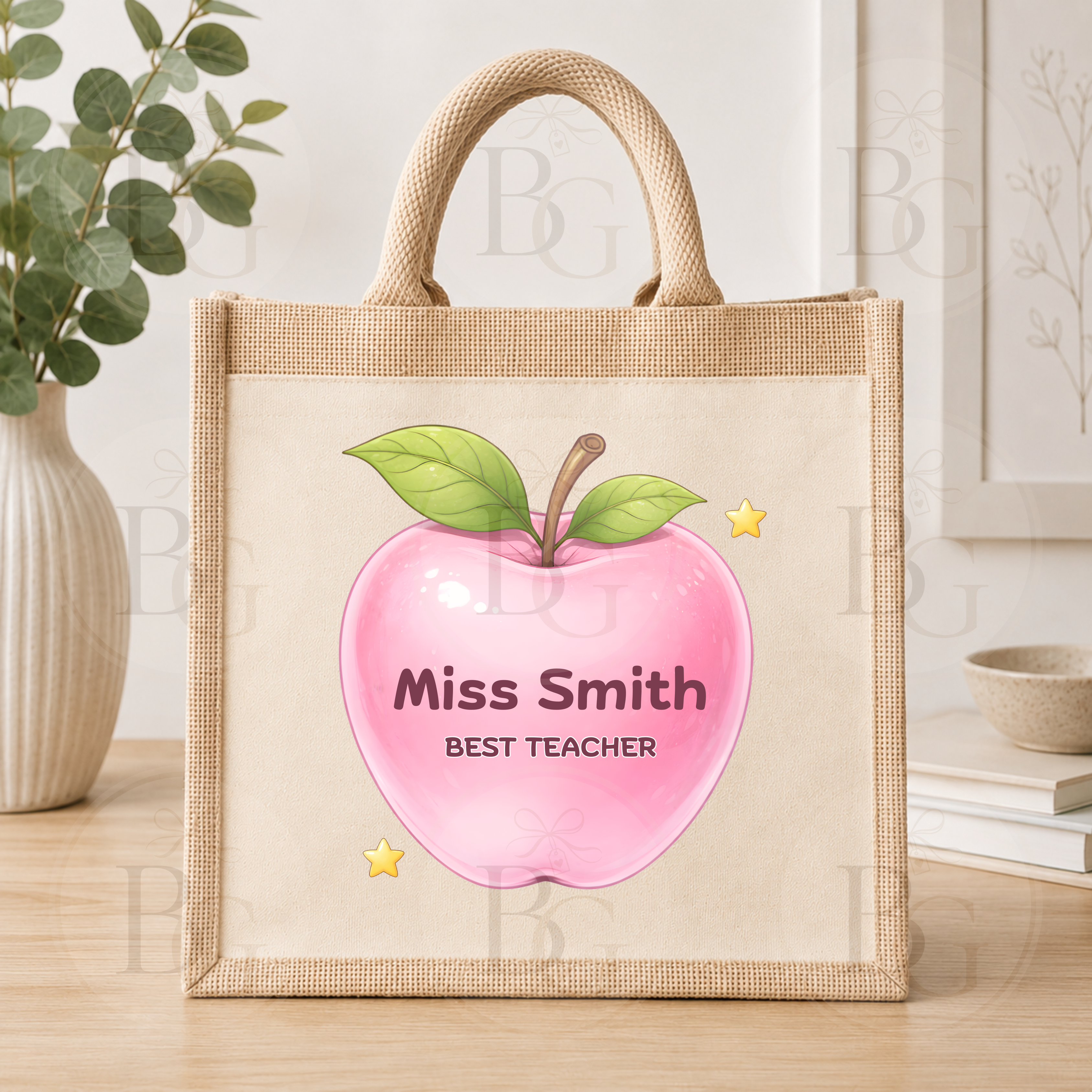 Personalised Pink Apple Teacher Tote Bag – Custom Thank You Gift for Teachers