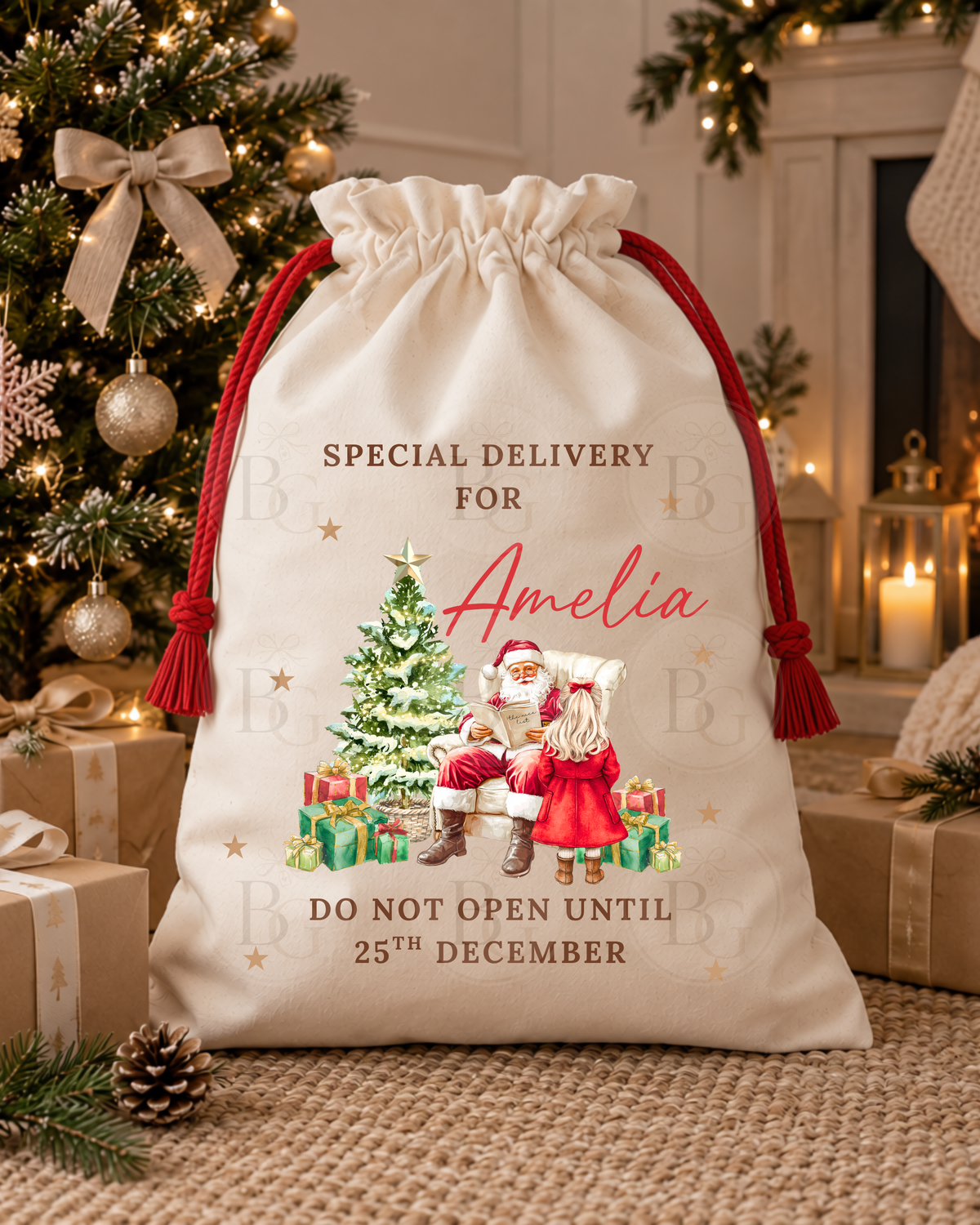 Girls Personalised Christmas Sack – Santa & Christmas Tree