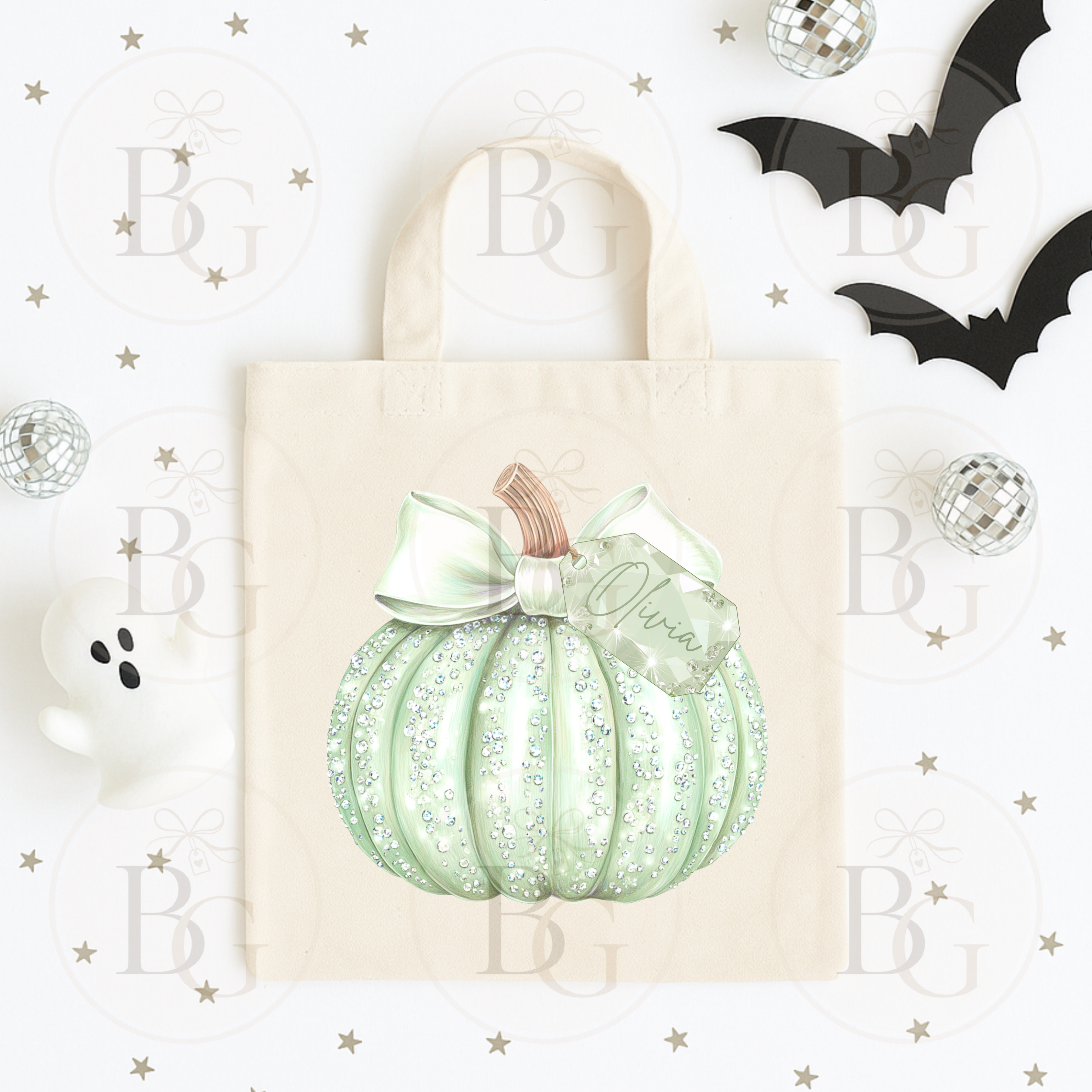Personalised Sparkly Green Pumpkin - Canvas Bag