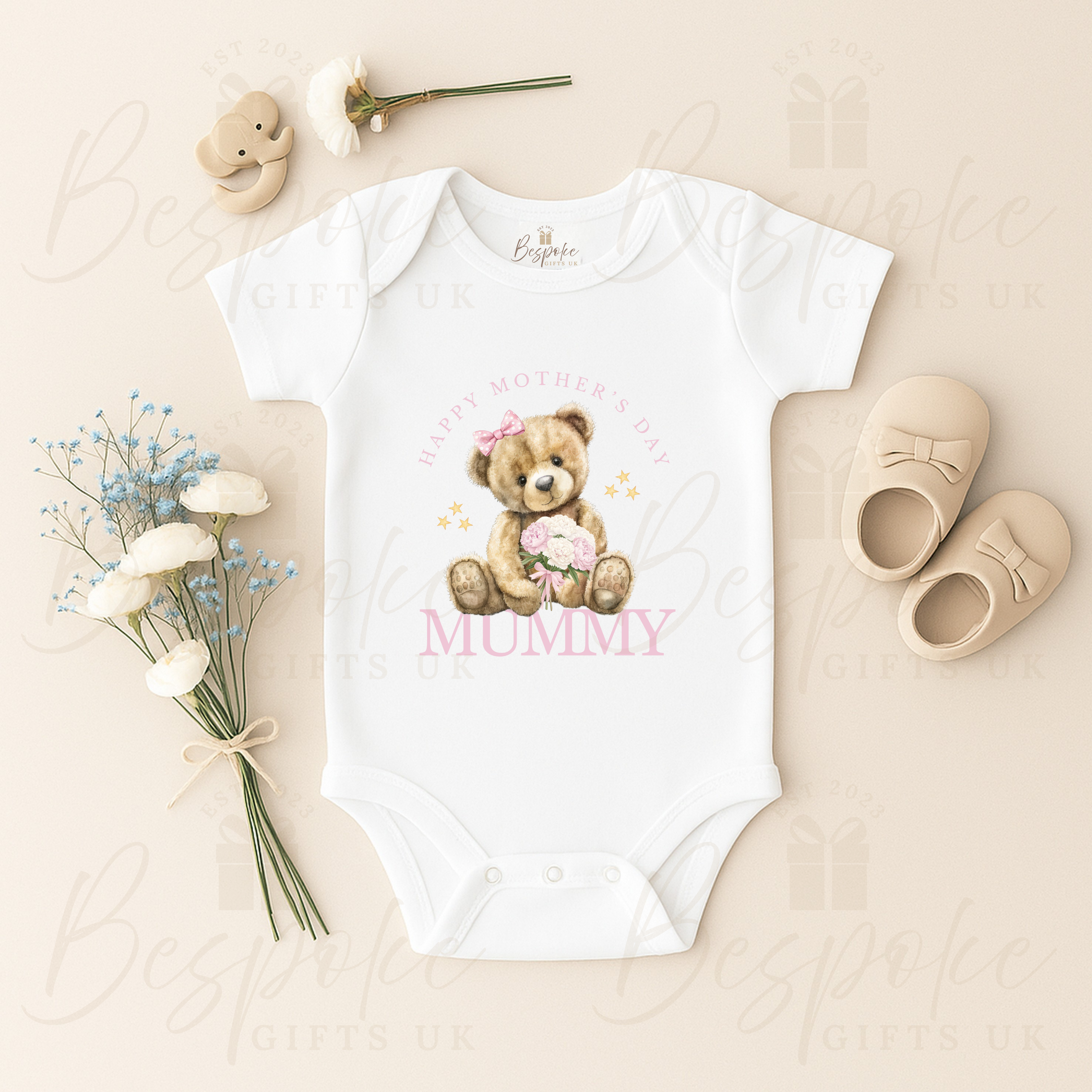 Happy Mother’s Day Mummy Short Sleeve Baby Bodysuit - Pink Design