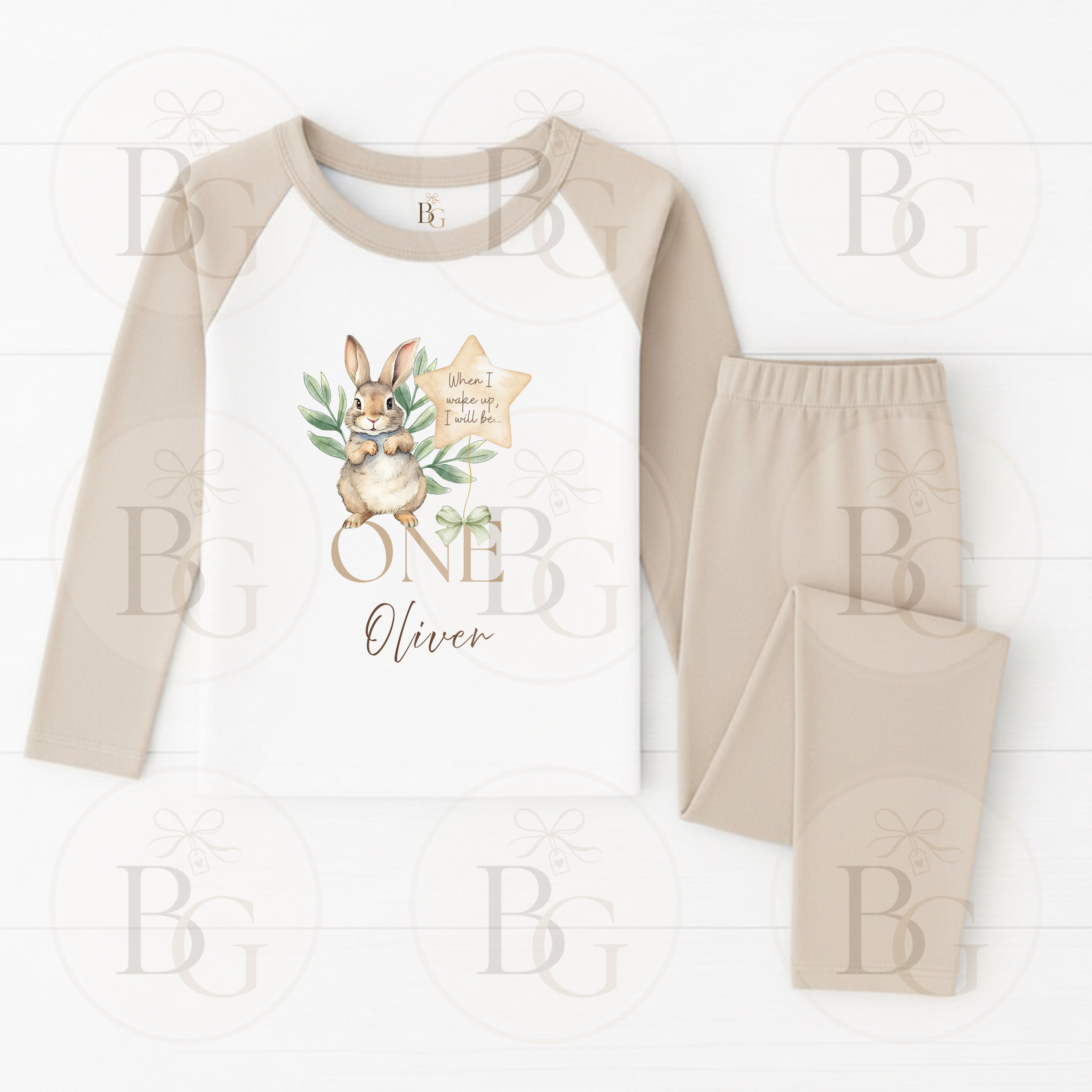 When I Wake Up - Children’s Pyjamas - Bunny Design - Stone