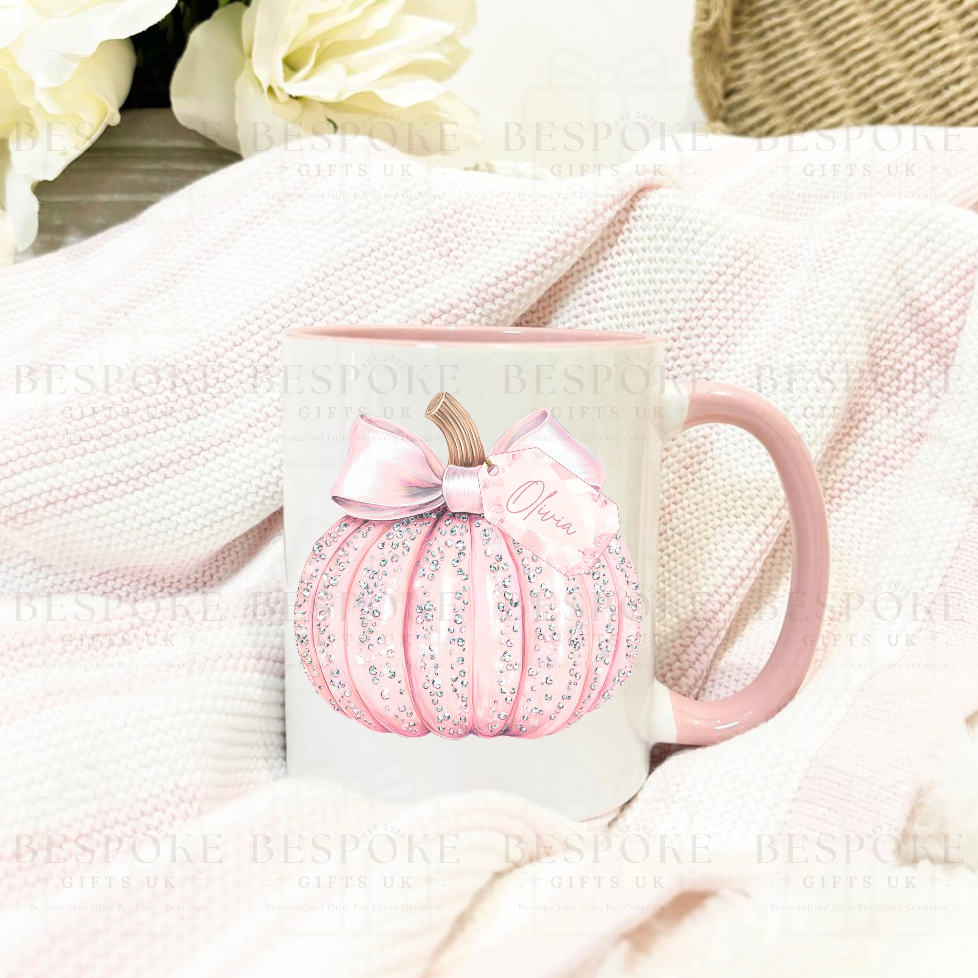 Personalised Sparkly Pumpkin Pink 11oz Ceramic Mug - Pink
