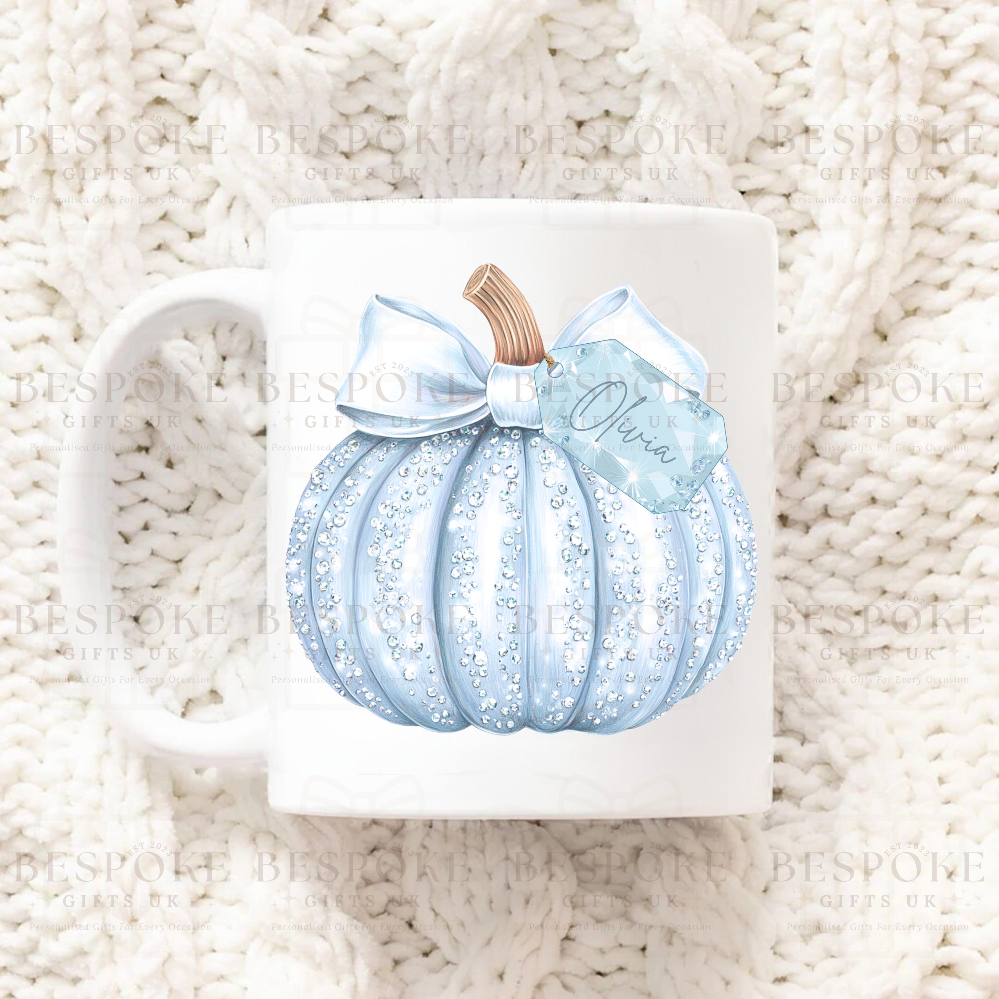 Personalised Sparkly Pumpkin 11oz Ceramic Mug - Blue