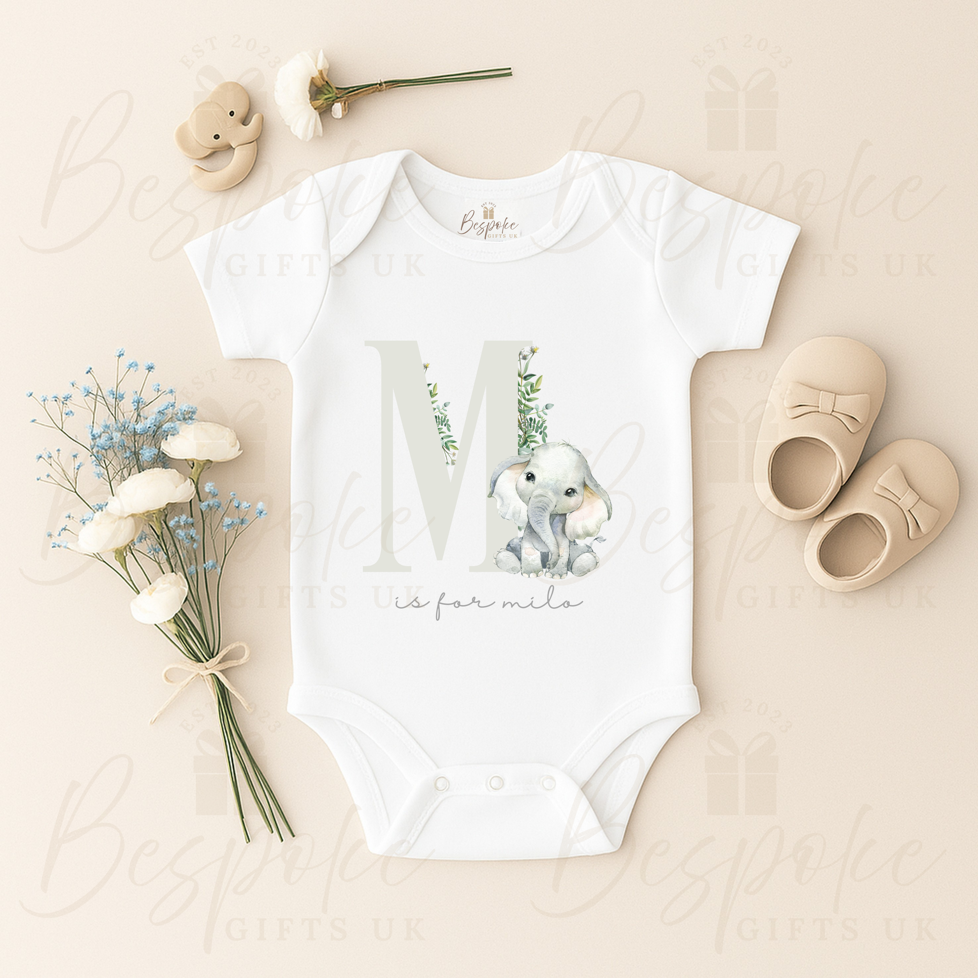 Personalised Initial Elephant Short Sleeve Baby Bodysuit