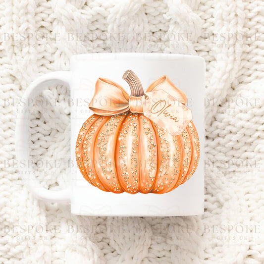 Personalised Sparkly Pumpkin 11oz Ceramic Mug - Orange
