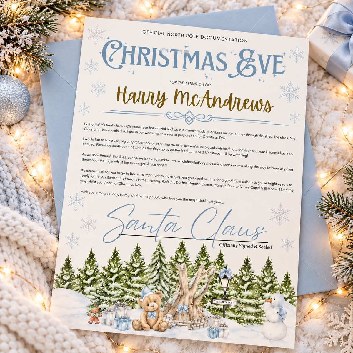 Personalised Christmas Eve Certificate & Envelope - Blue