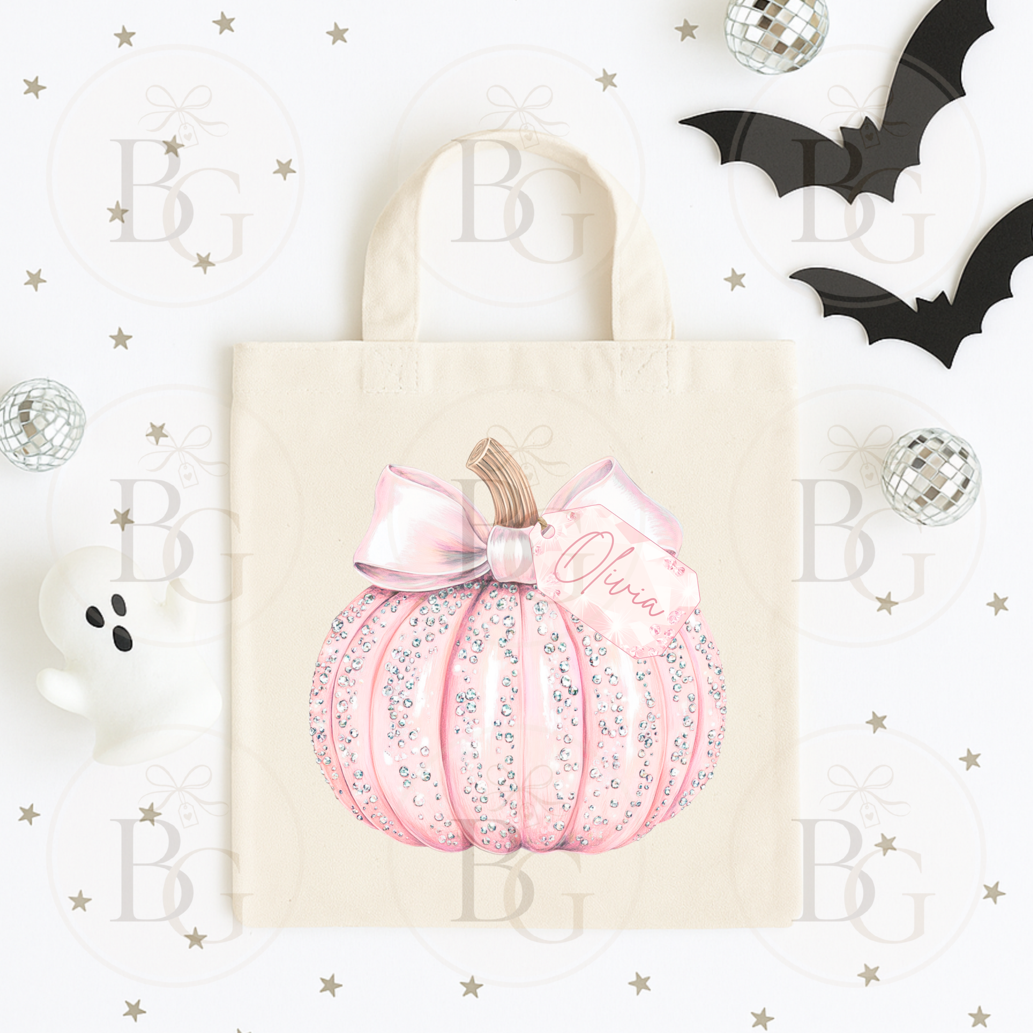 Personalised Sparkly Pink Pumpkin - Canvas Bag