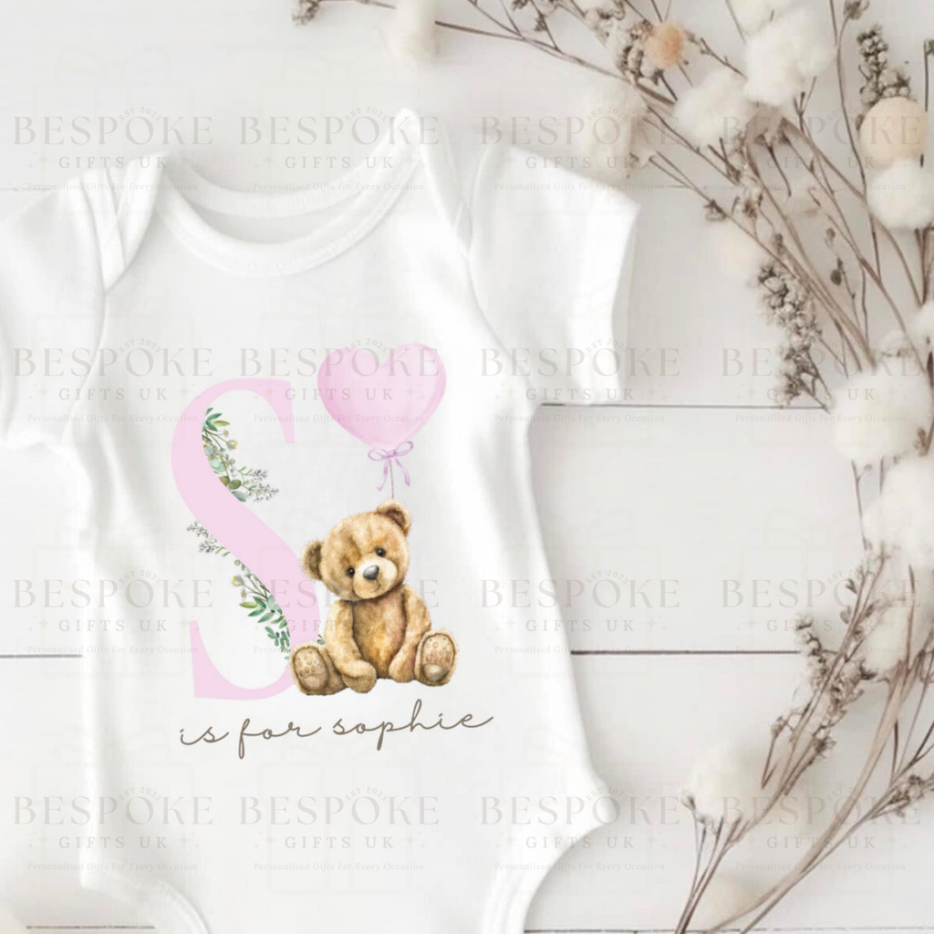 Personalised Initial Teddy Bear Short Sleeve Baby Bodysuit - Pink