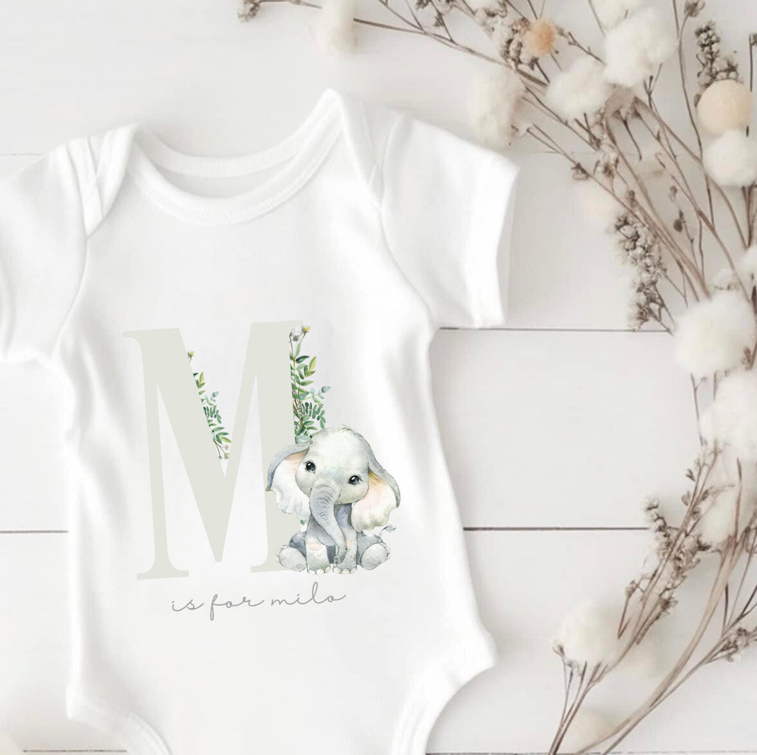 Personalised Initial Elephant Short Sleeve Bodysuit