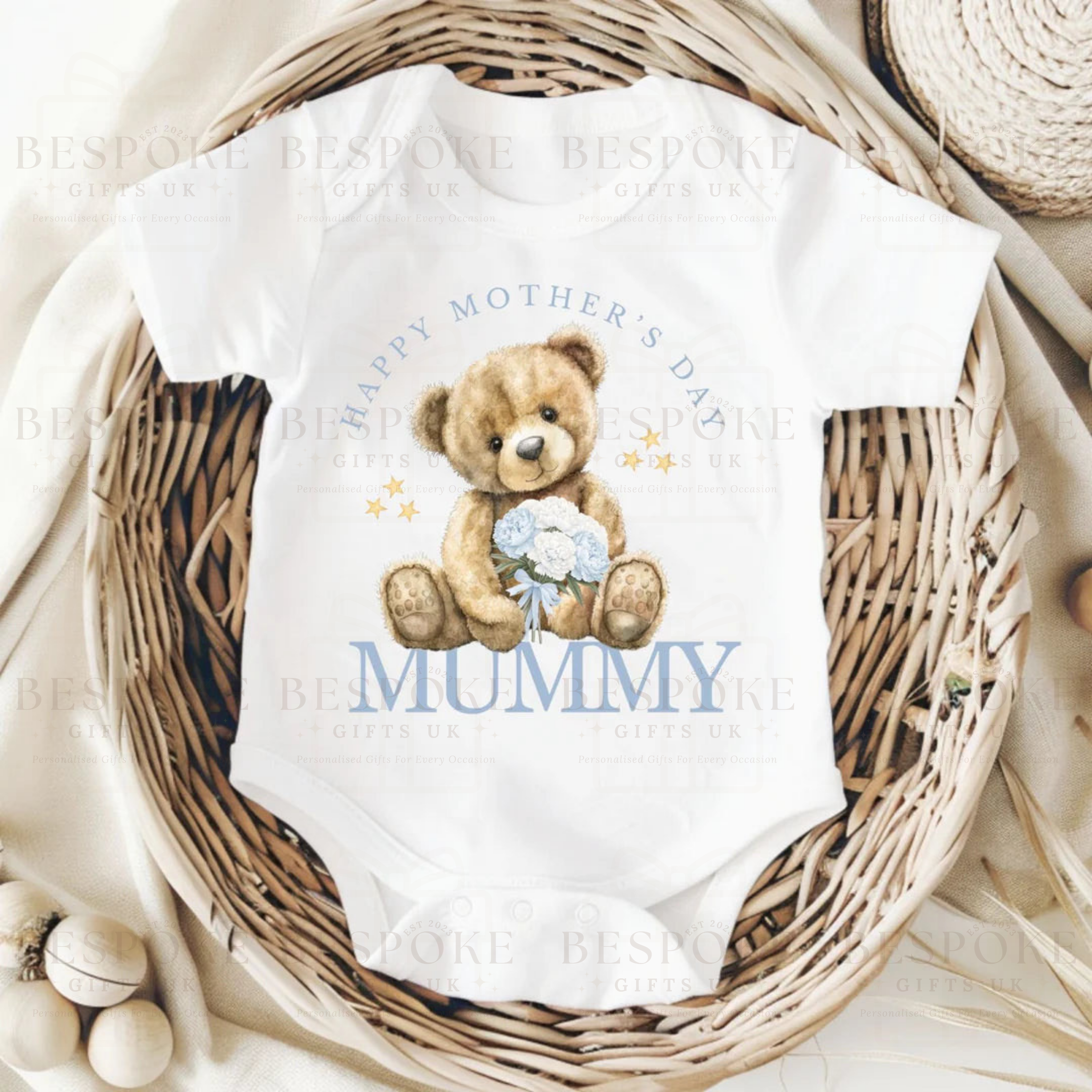 Happy Mother’s Day Mummy Short Sleeve Baby Bodysuit - Blue Design