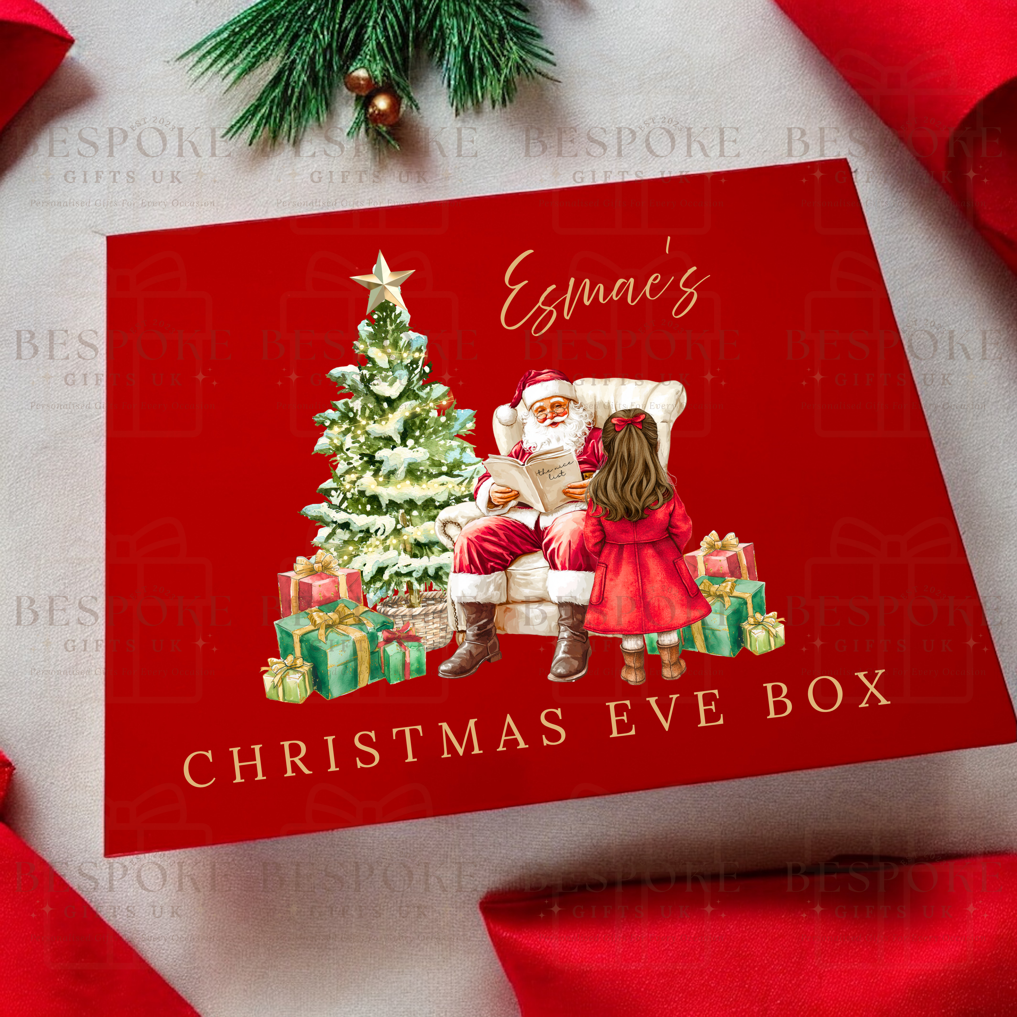Personalised Red Magnetic Christmas Eve Gift Box - Girl Design