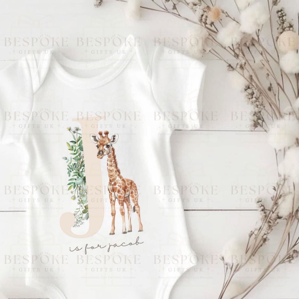 Personalised Initial Giraffe Short Sleeve Baby Bodysuit