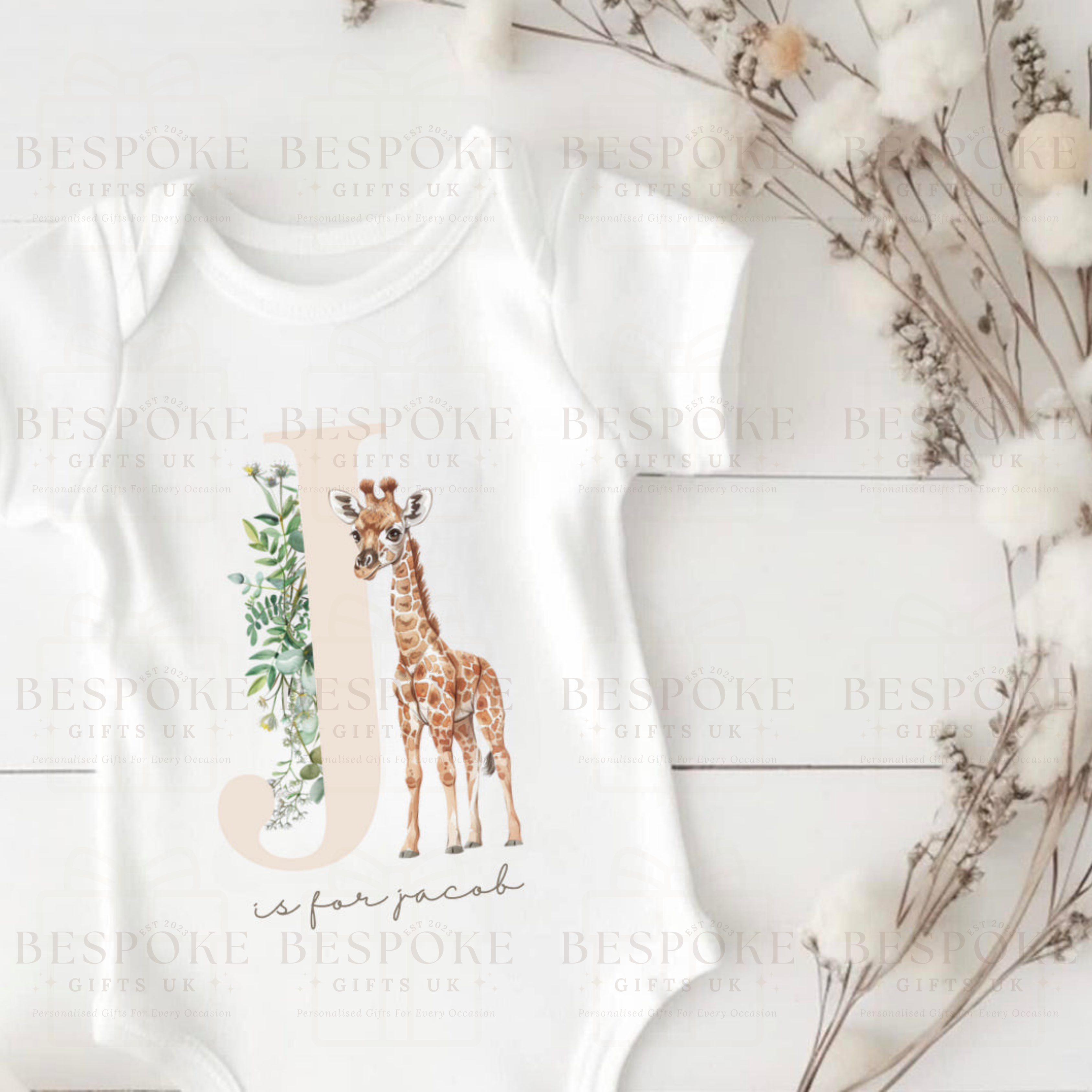 Personalised Initial Giraffe Short Sleeve Baby Bodysuit