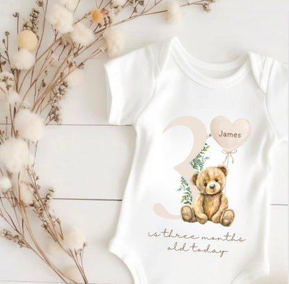 Personalised Number Teddy Bear Short Sleeve Bodysuit - Neutral