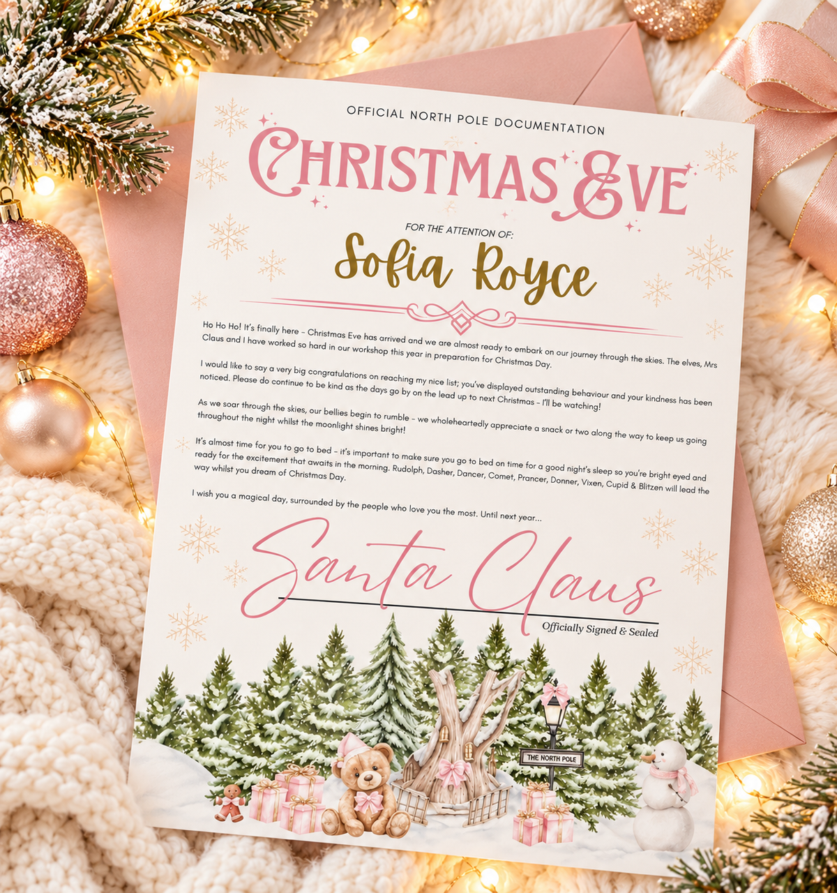 Personalised Christmas Eve Certificate & Envelope - Pink