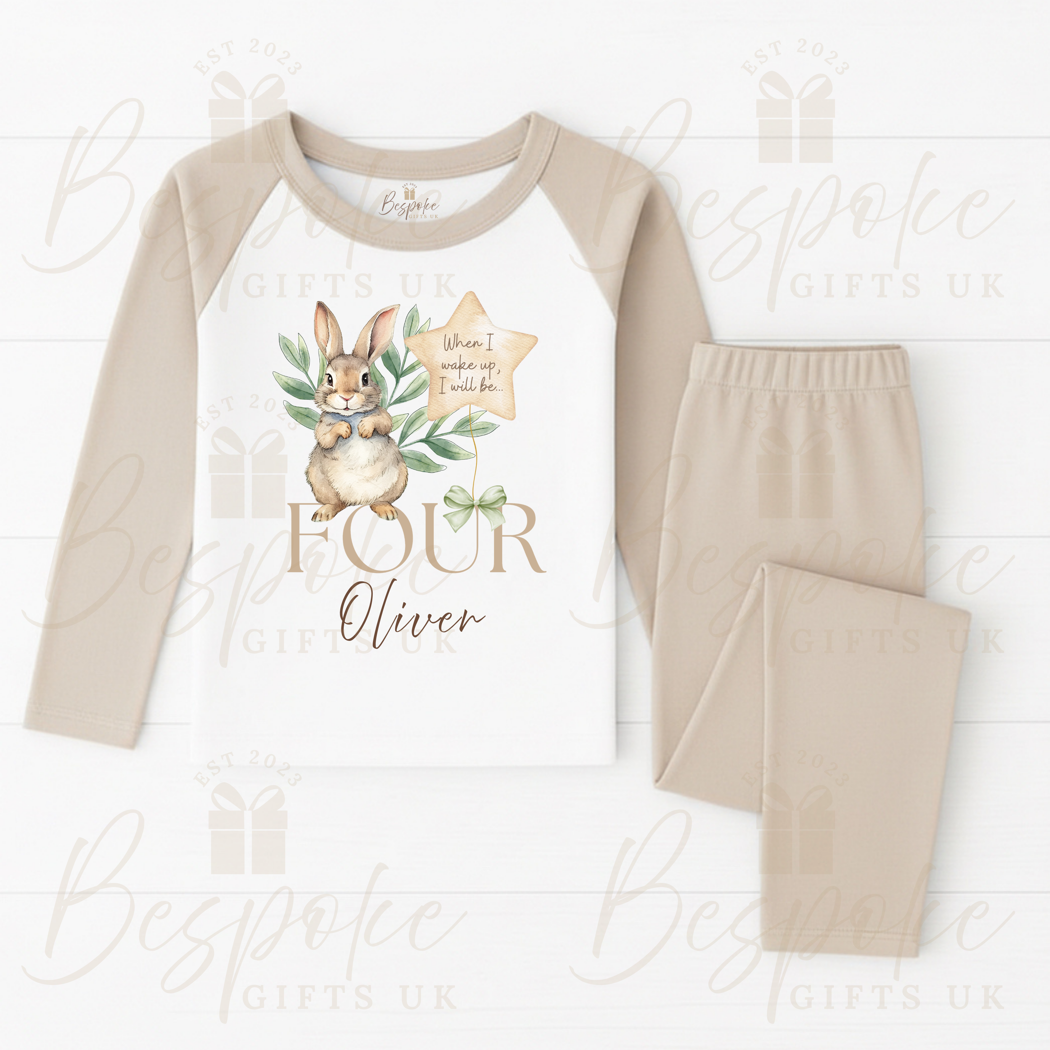 When I Wake Up - Children’s Pyjamas - Bunny Design - Stone