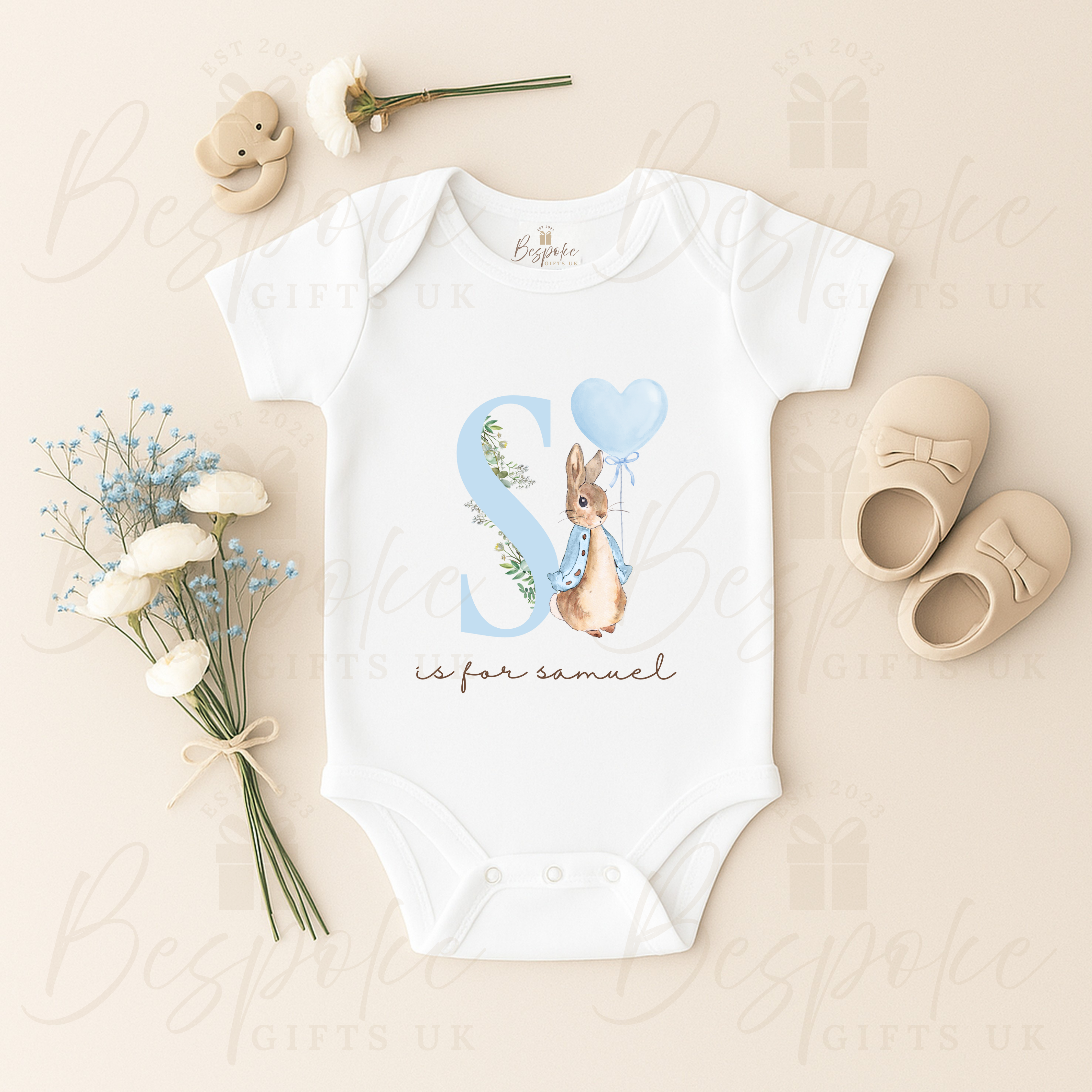 Personalised Initial Flopsy Short Sleeve Baby Bodysuit - Blue