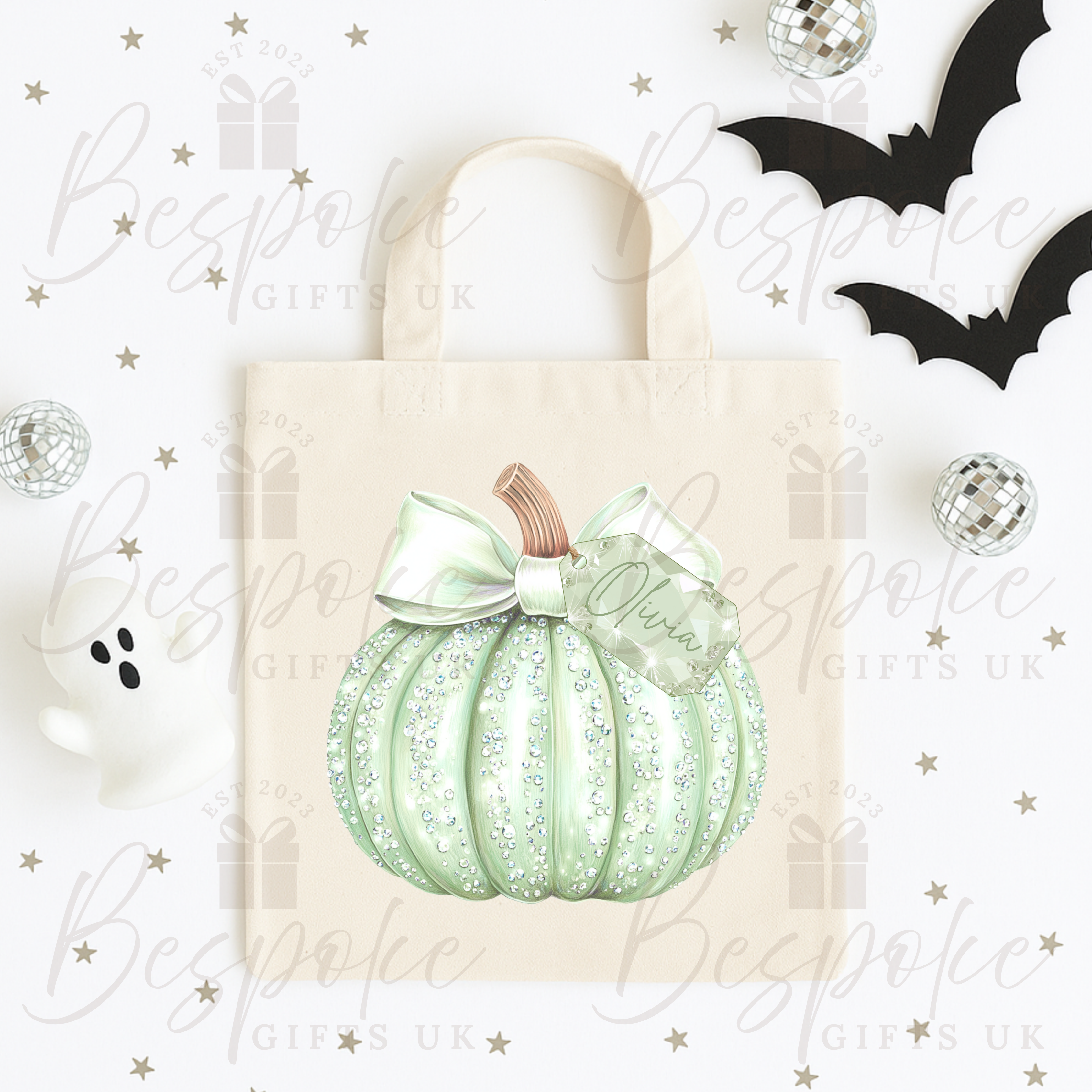 Personalised Sparkly Green Pumpkin - Canvas Bag