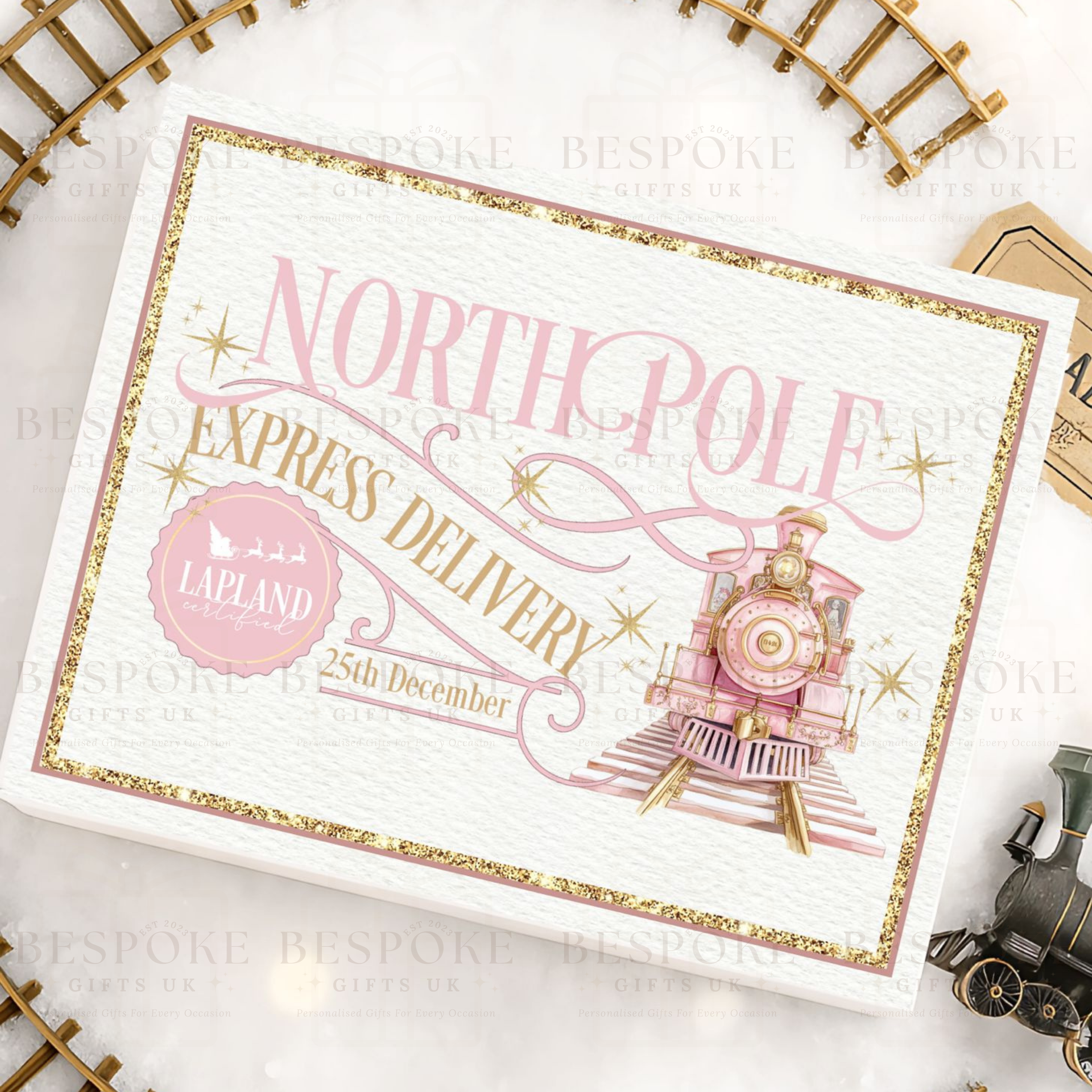 Personalised Magnetic White Gift Box - North Pole Express Train - Pink