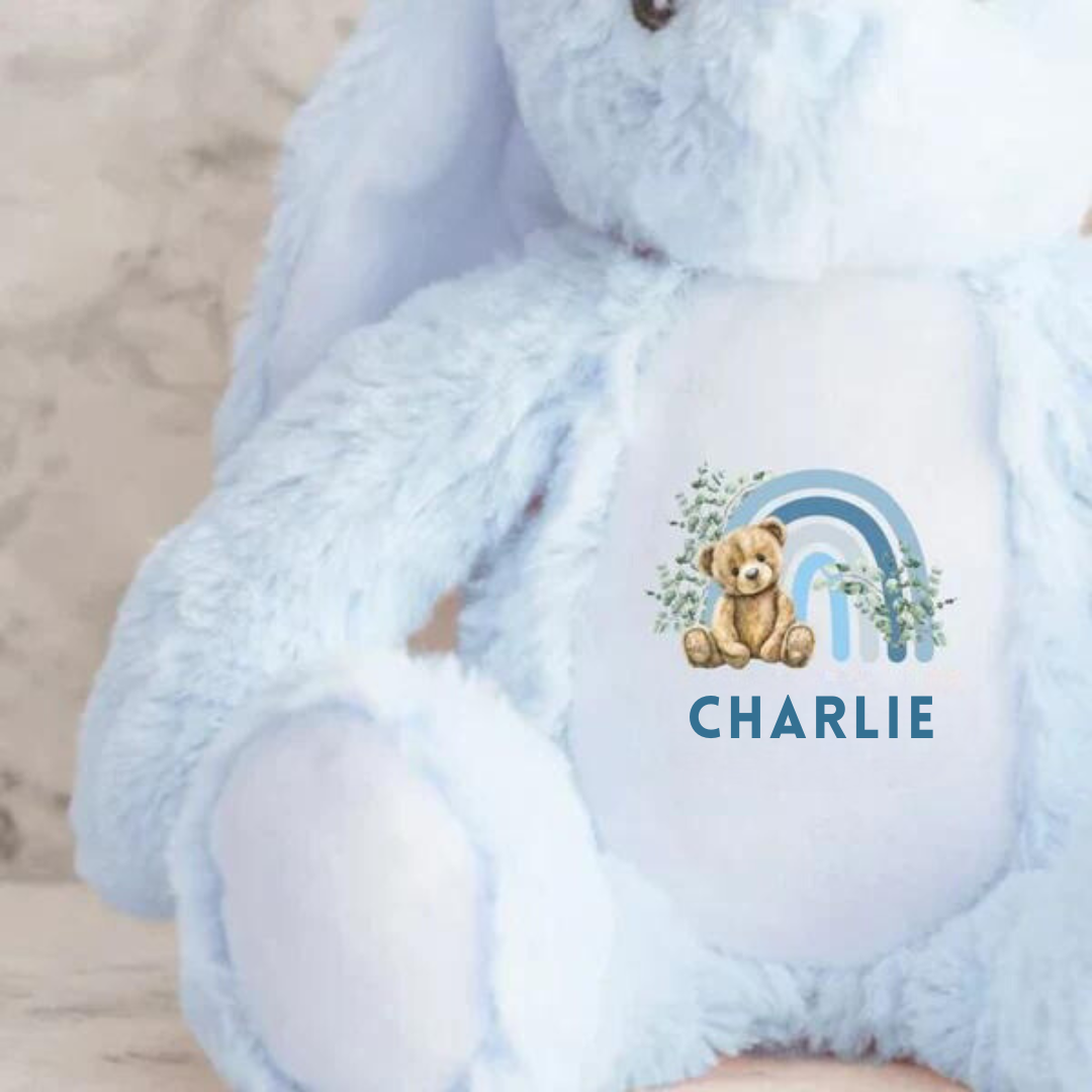 Personalised Rainbow Design Bunny - Blue