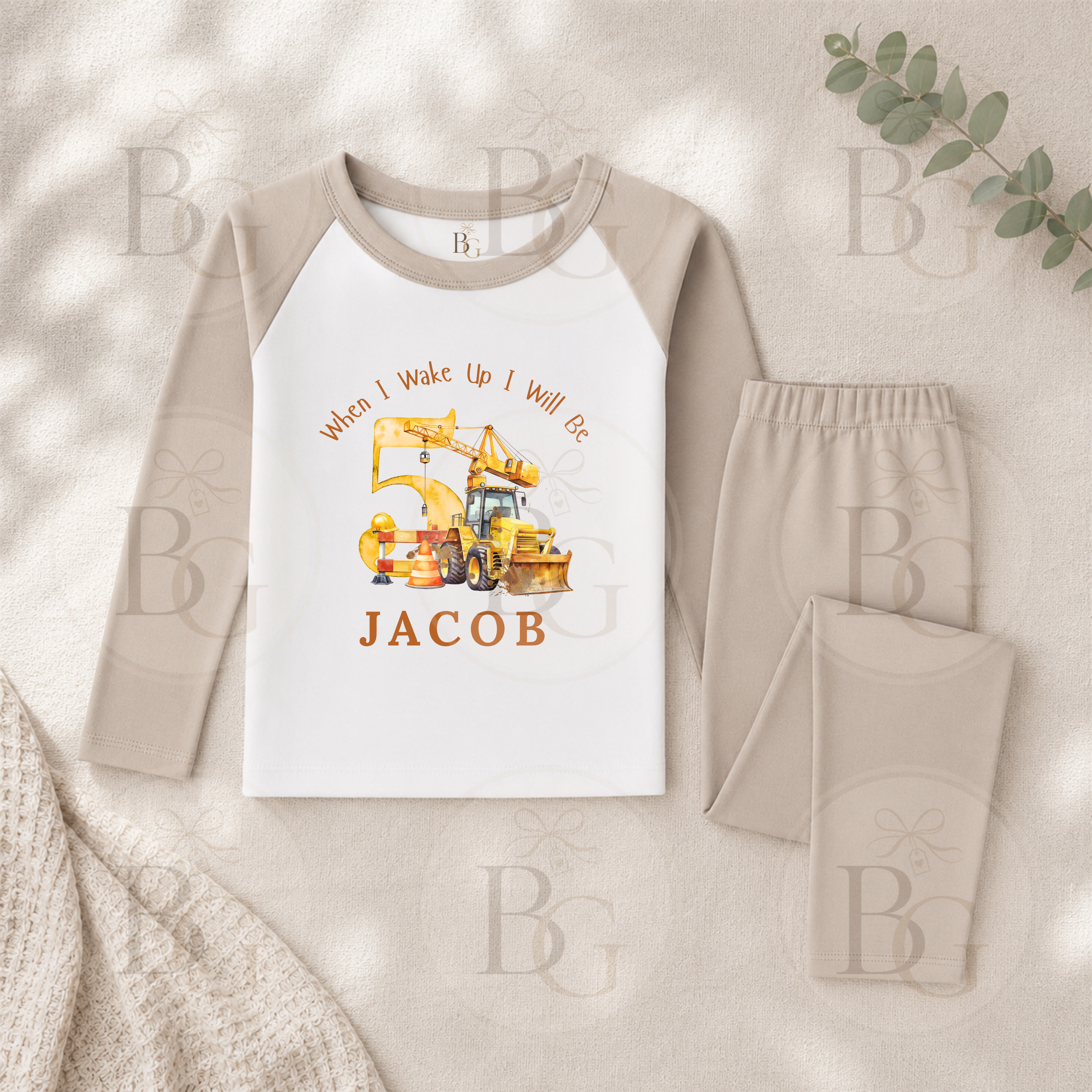 Personalised Birthday Pyjamas – Construction Design - Beige