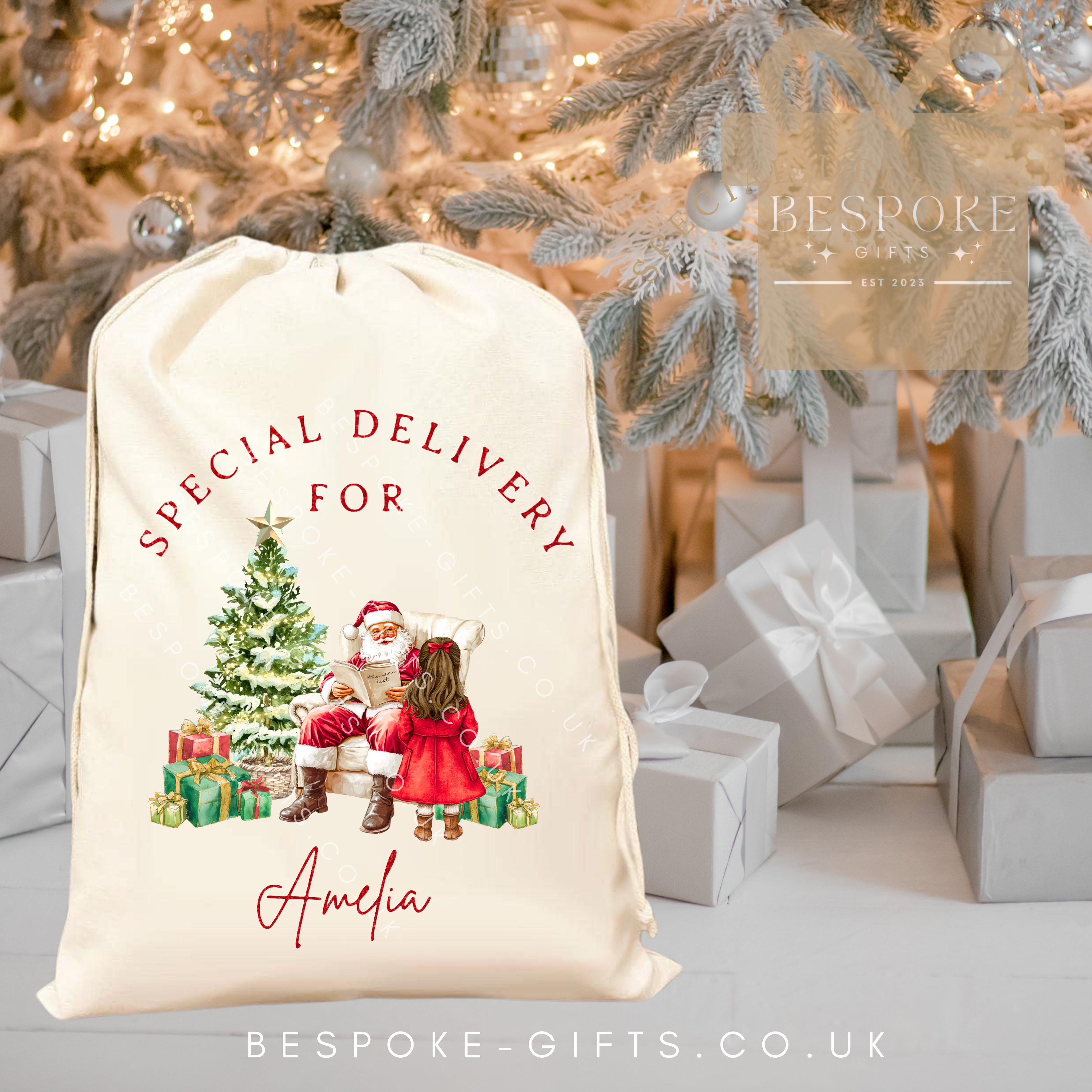 Red Glitter Personalised Special Delivery Christmas Sack - Girls