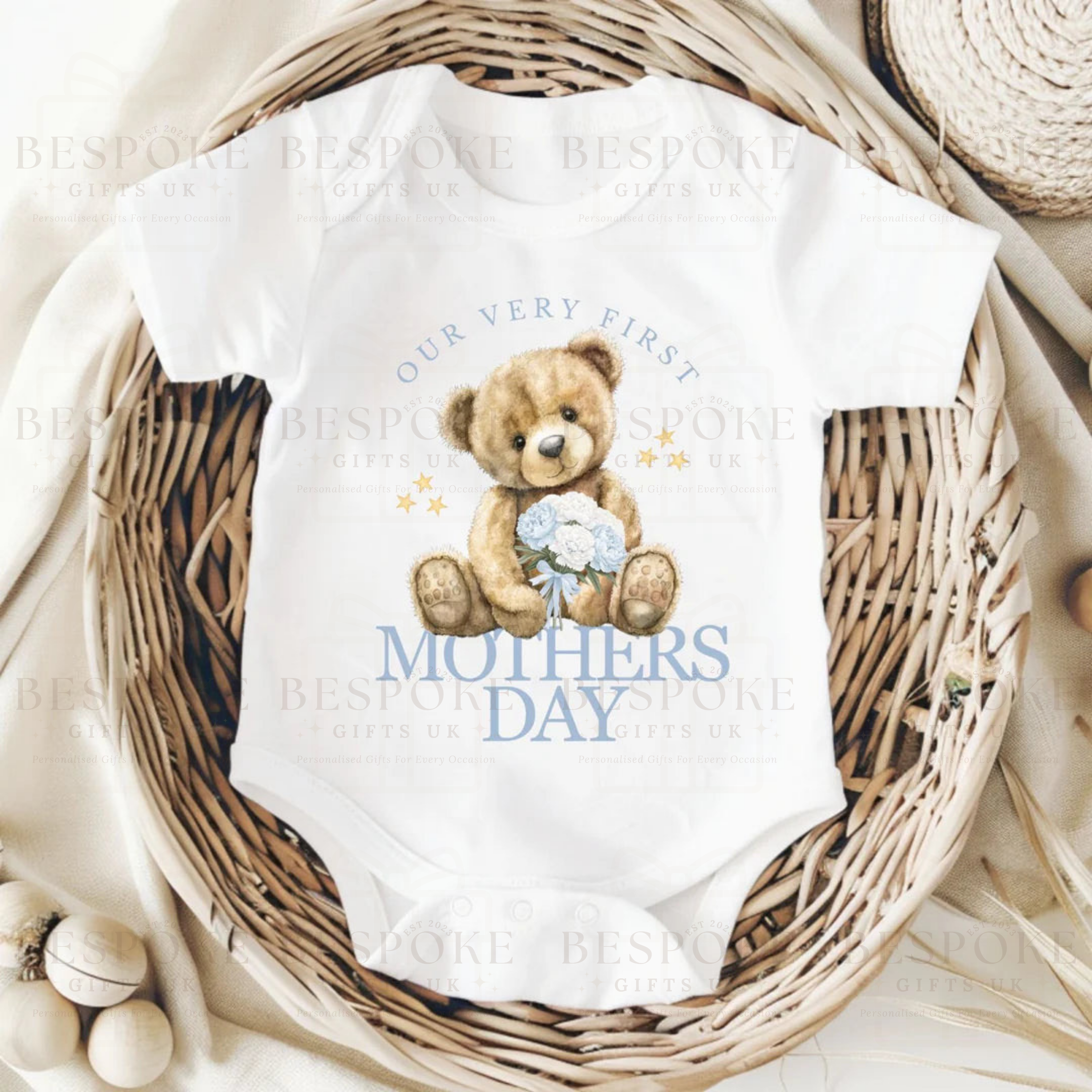 Very First Mother’s Day Short Sleeve Baby Bodysuit - Blue Design