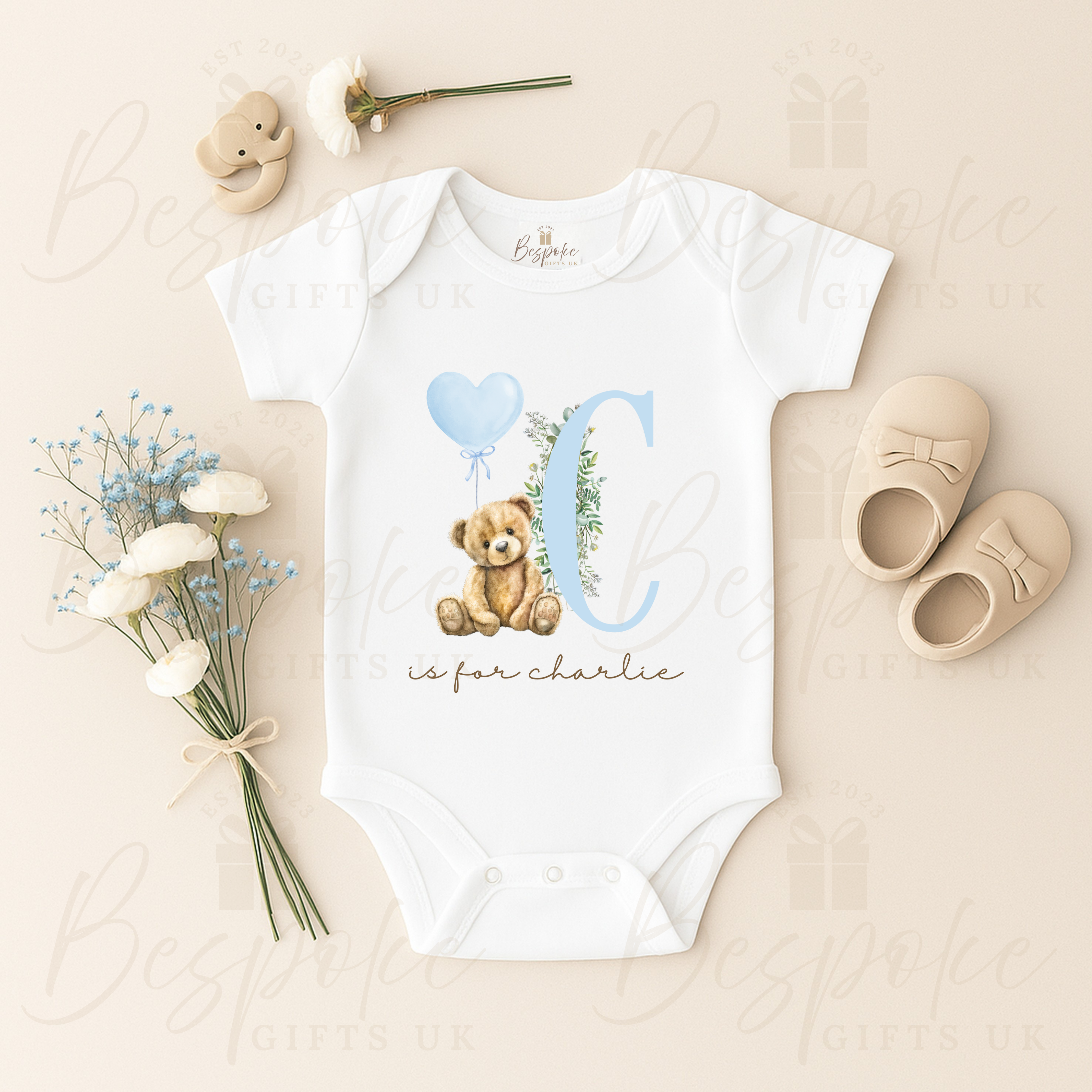 Personalised Initial Teddy Bear Short Sleeve Baby Bodysuit - Blue