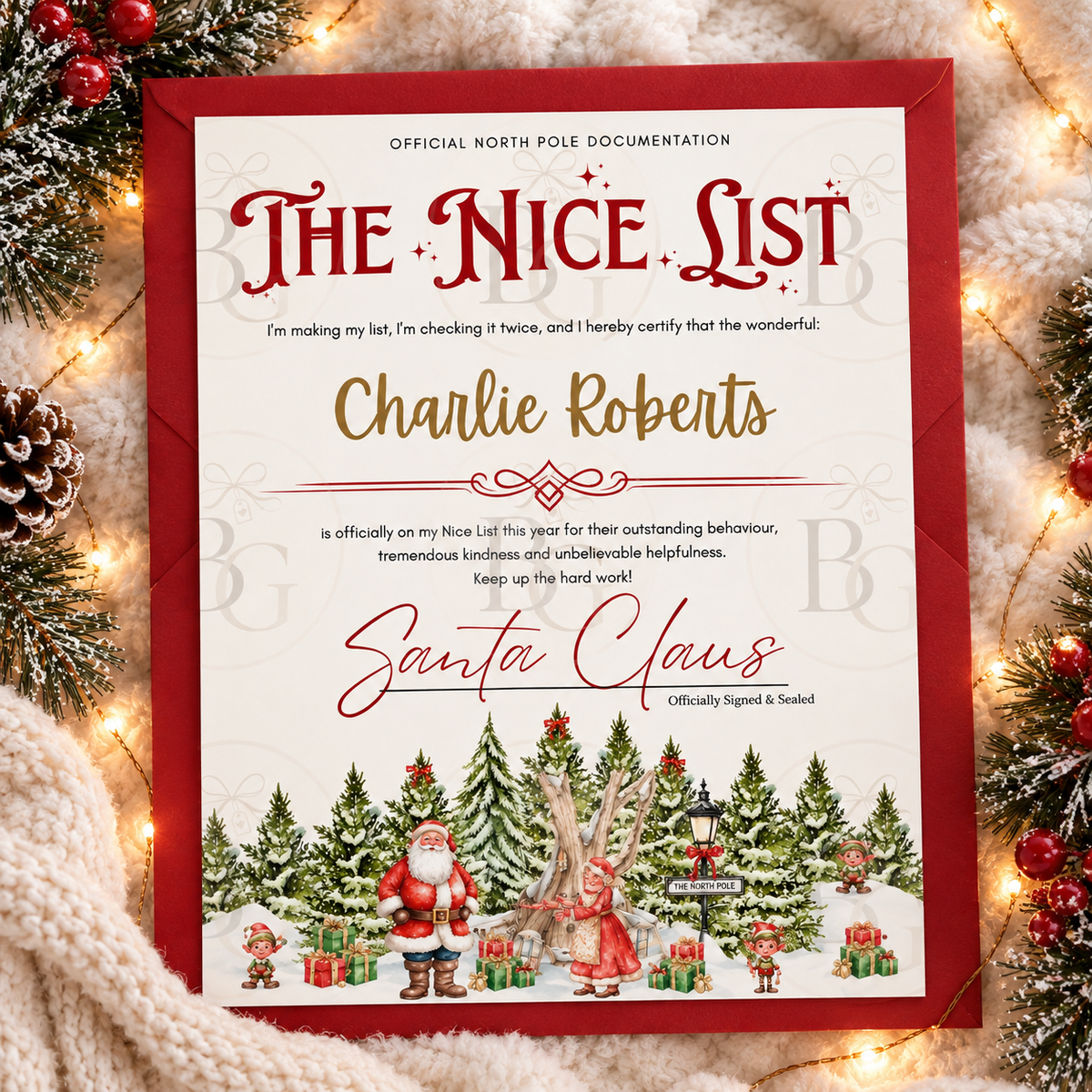 Personalised Nice List Christmas Certificate & Envelope - Red