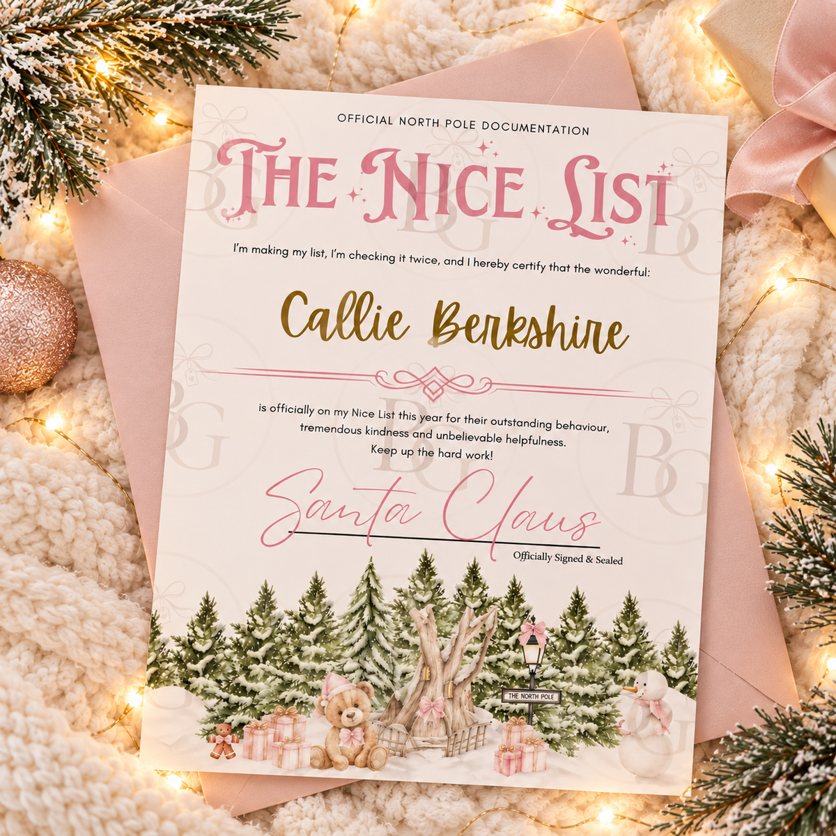 Personalised Nice List Christmas Certificate & Envelope - Pink