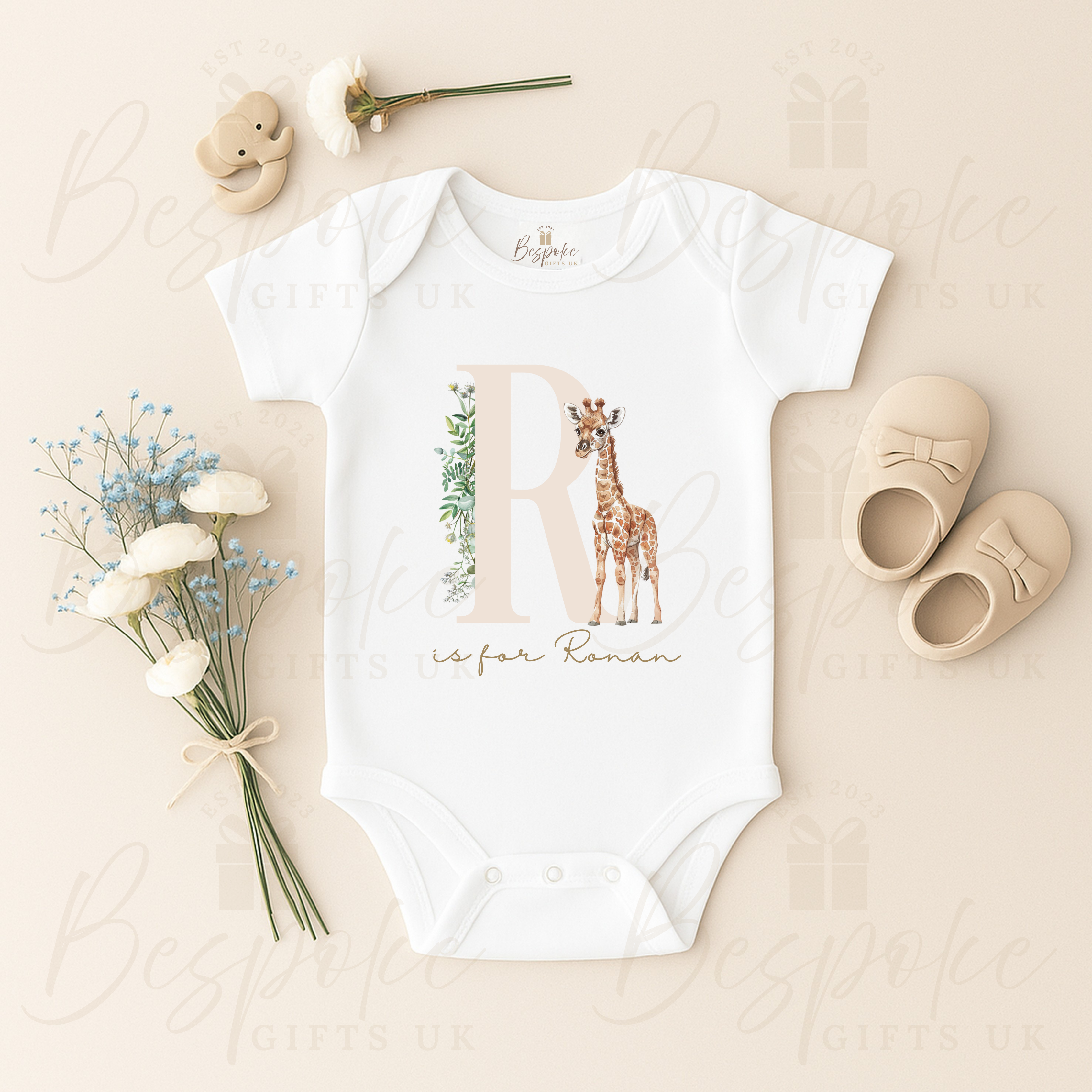Personalised Initial Giraffe Short Sleeve Baby Bodysuit