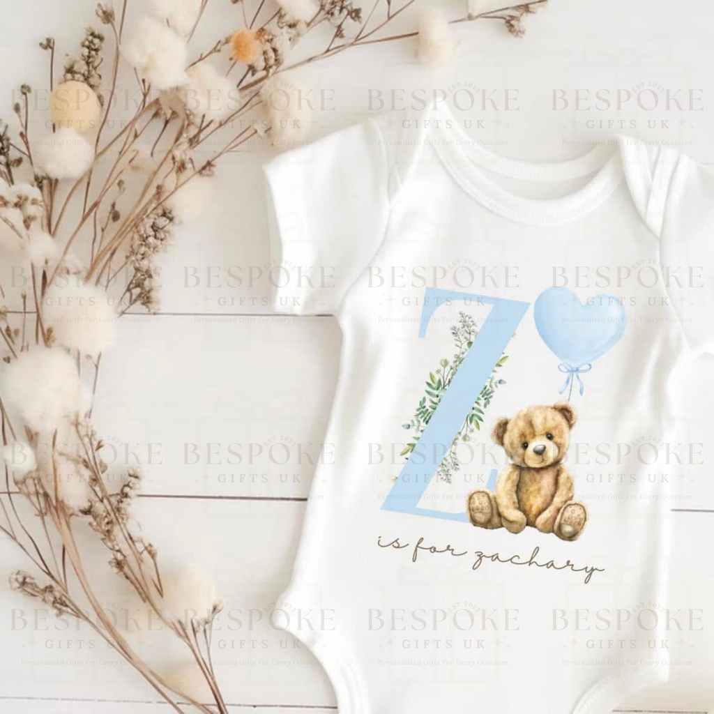 Personalised Initial Teddy Bear Short Sleeve Baby Bodysuit - Blue