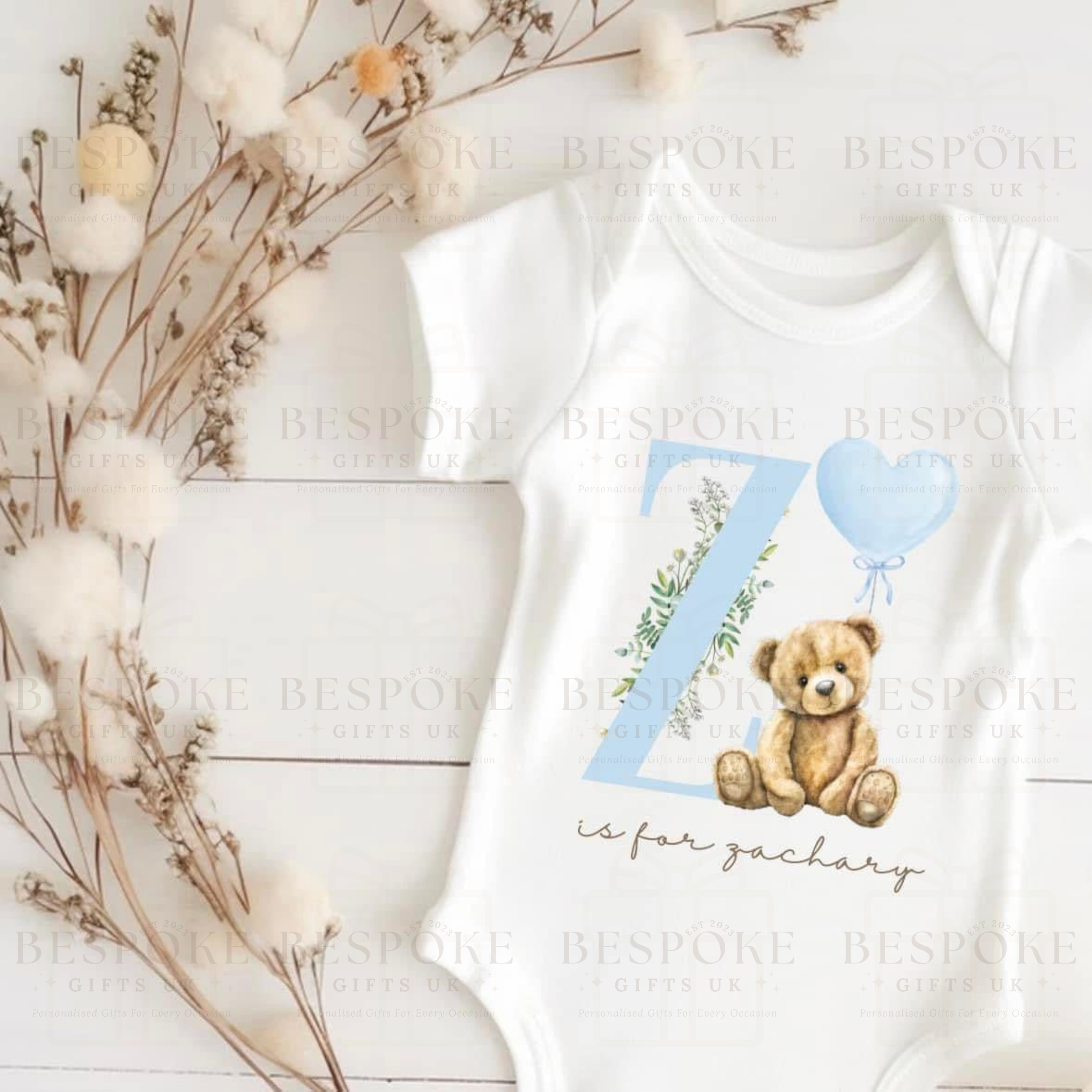 Personalised Initial Teddy Bear Short Sleeve Baby Bodysuit - Blue