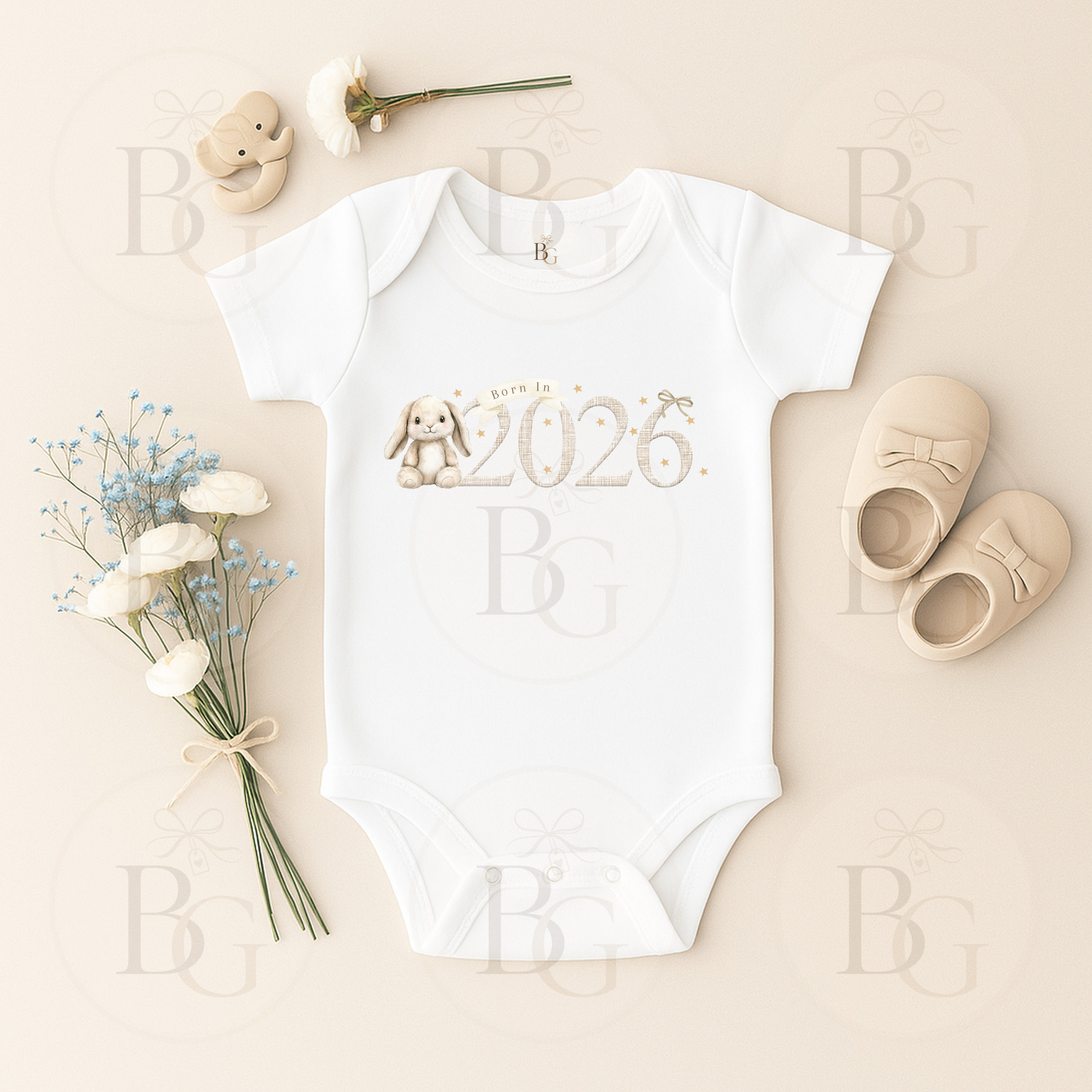 Born In 2026 - Short Sleeve Baby Vest - Bunny Design