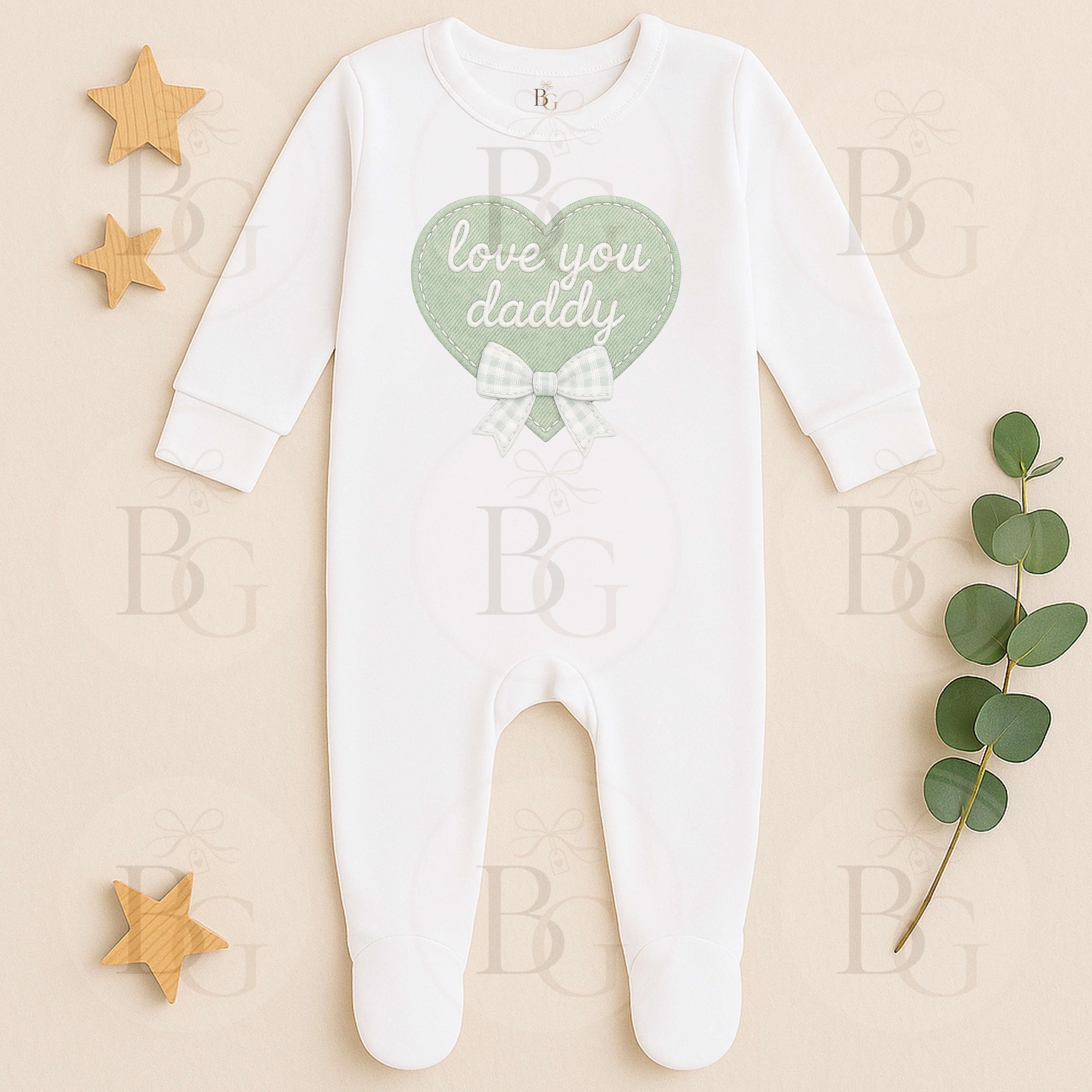 Love You Daddy - Long Sleeve Sleepsuit - Sage Green Heart