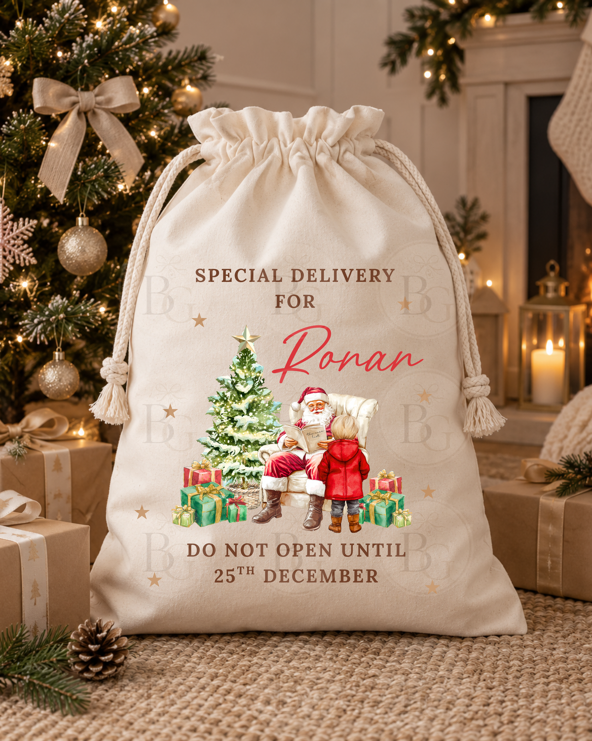 Boys Personalised Christmas Sack – Santa & Christmas Tree