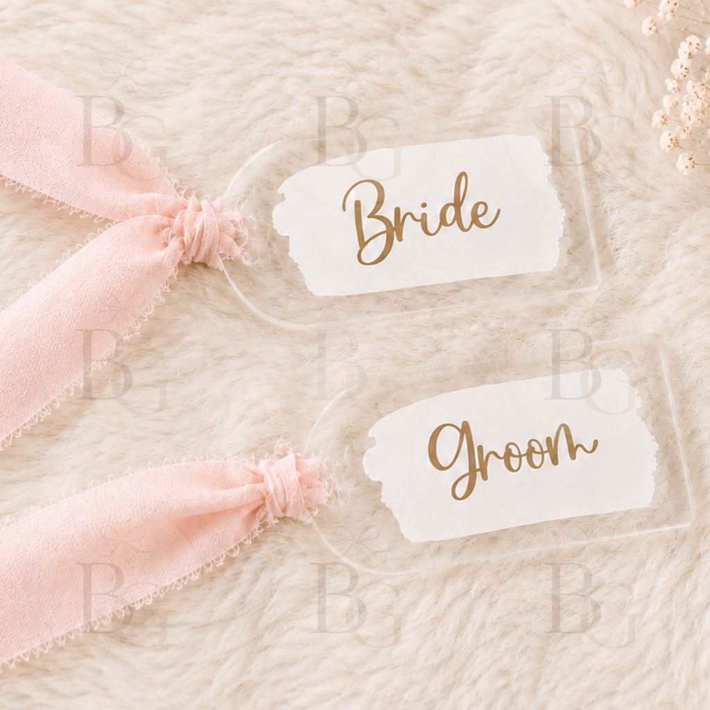 Personalised Acrylic Wedding Place Cards with Chiffon Ribbon – Bride & Groom Name Tags – Wedding Table Decor
