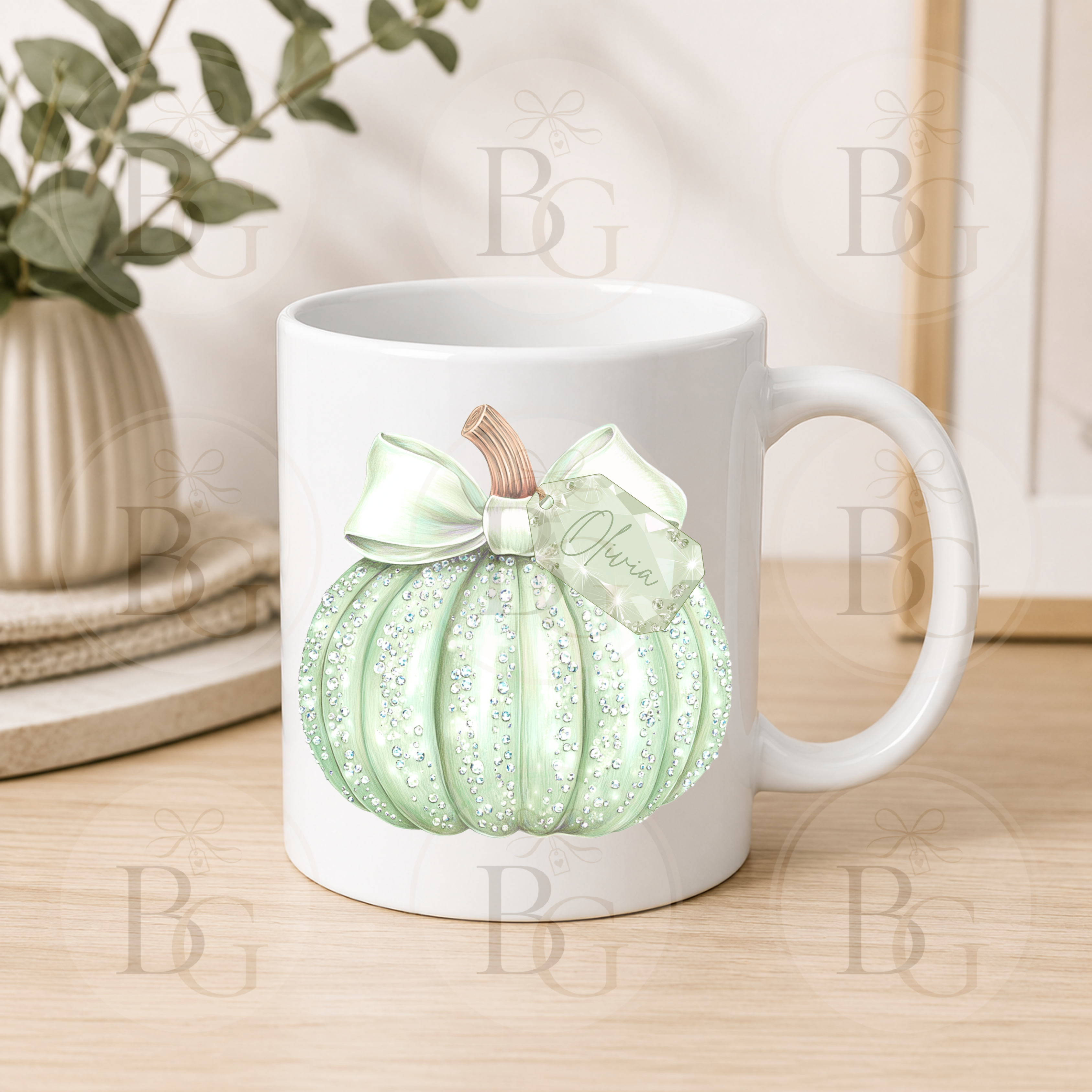 Personalised Sparkly Pumpkin 11oz Ceramic Mug - Green