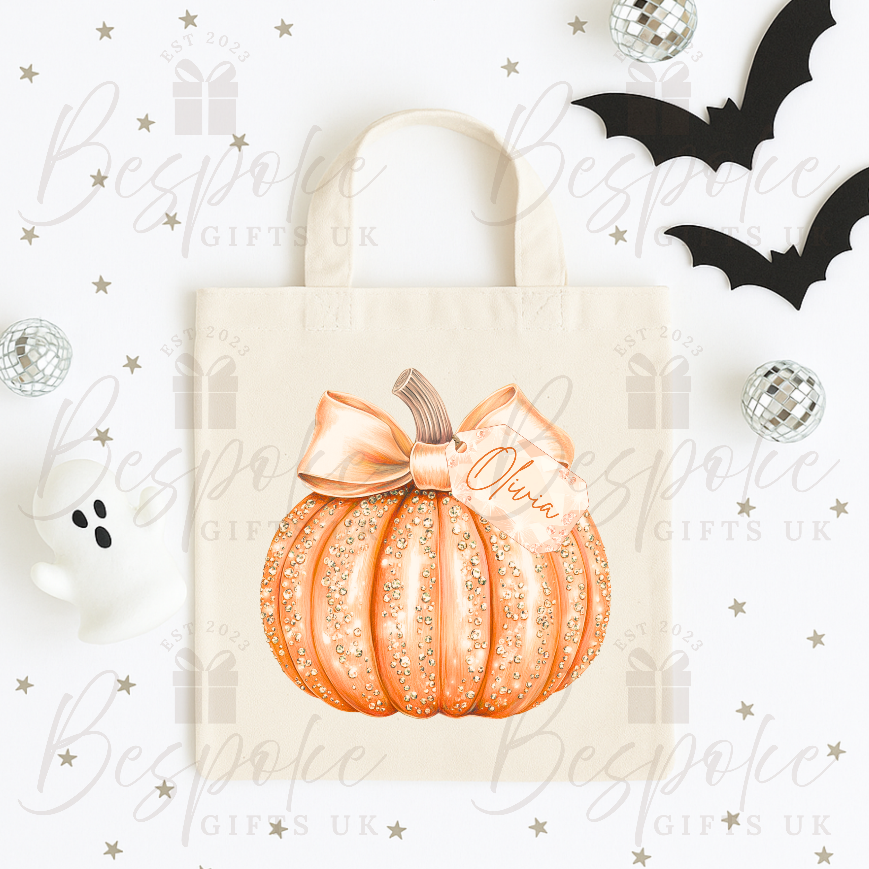 Personalised Sparkly Orange Pumpkin - Canvas Bag