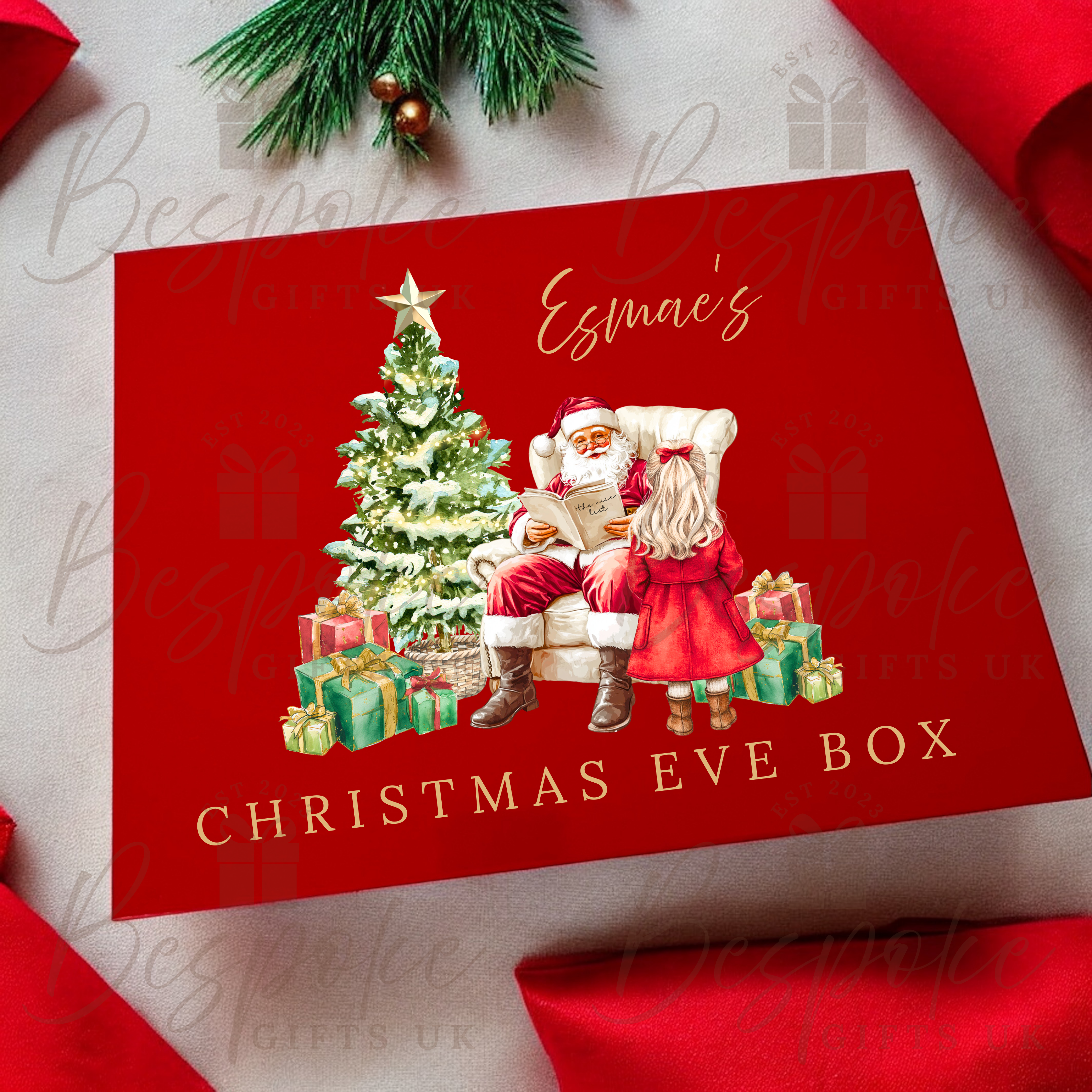 Personalised Red Magnetic Christmas Eve Gift Box - Girl Design