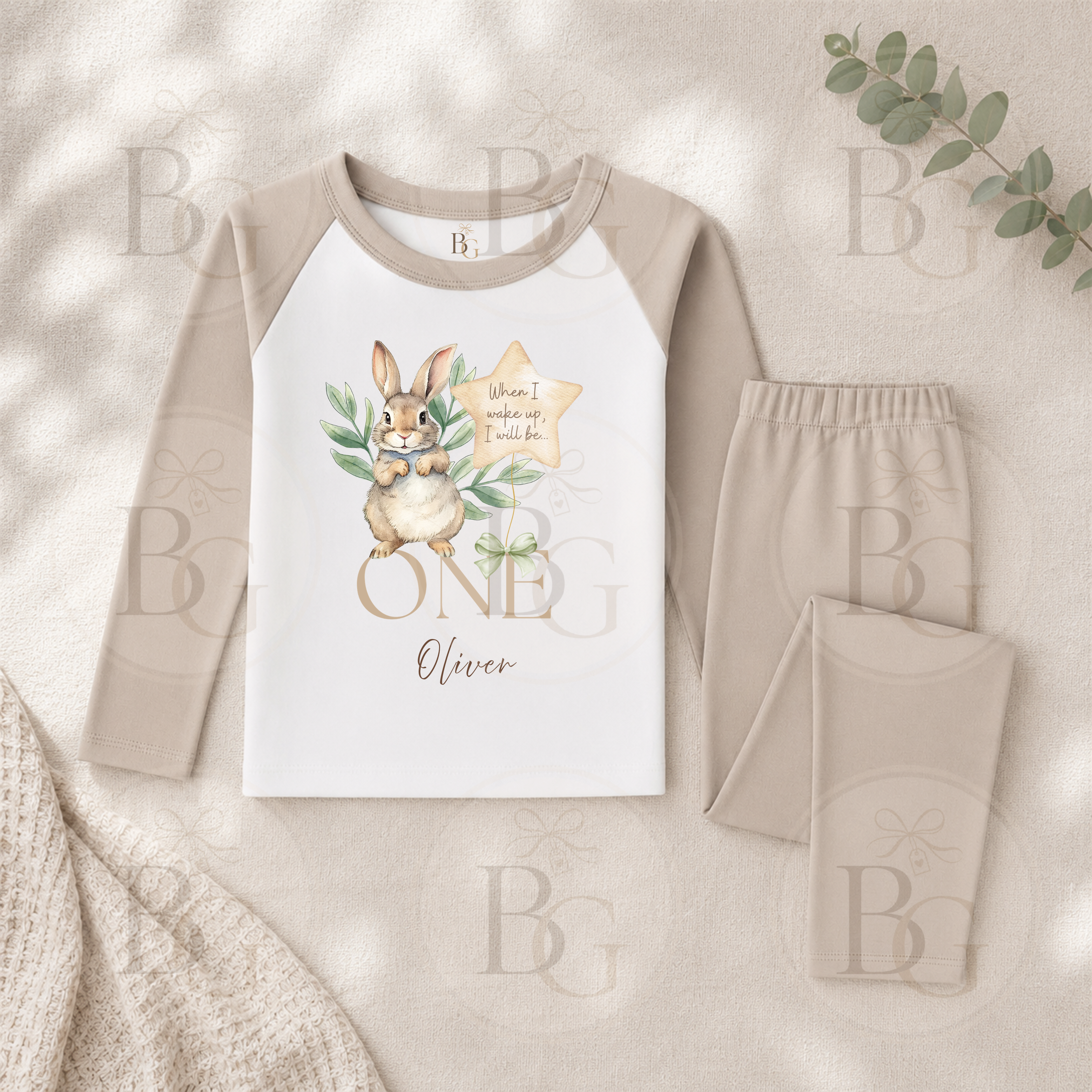 Personalised Bunny Birthday Pyjamas – Beige