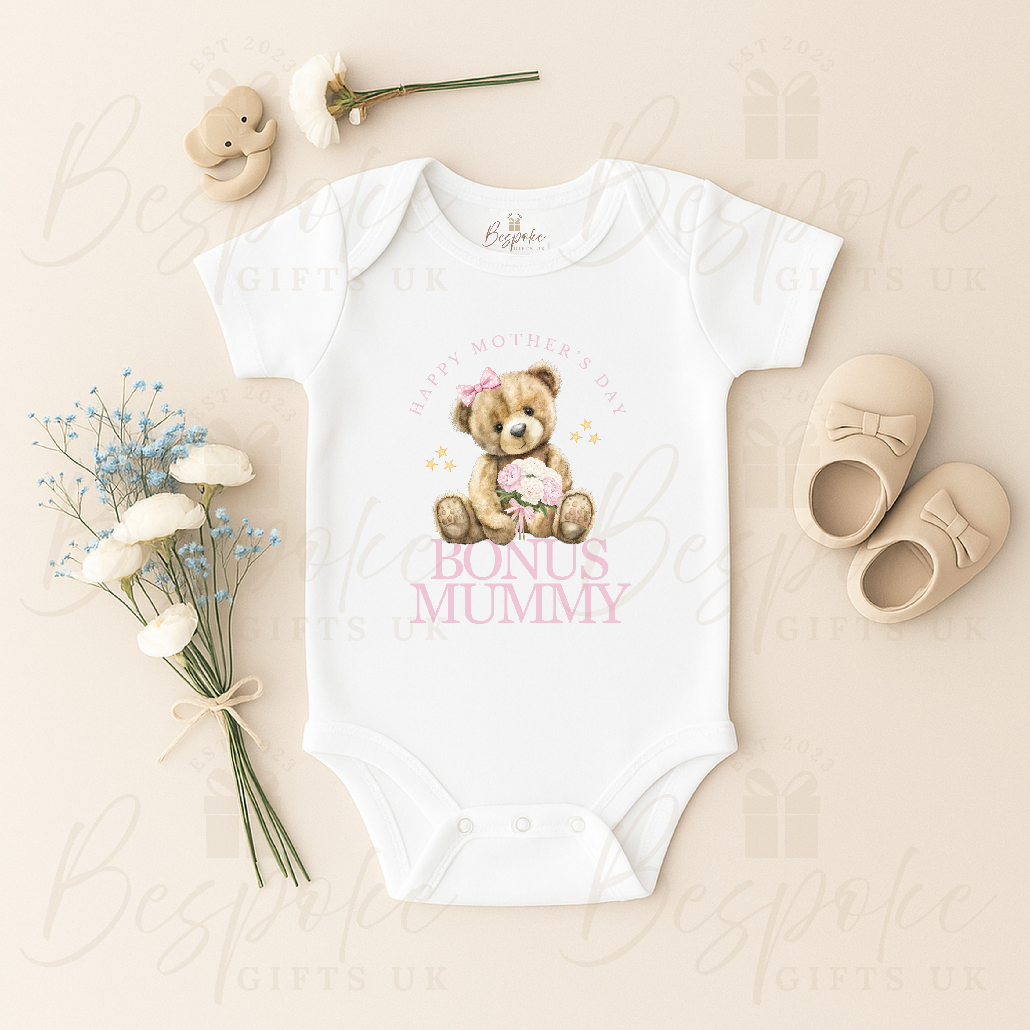 Happy Mother’s Day Bonus Mummy Short Sleeve Baby Bodysuit - Pink Design
