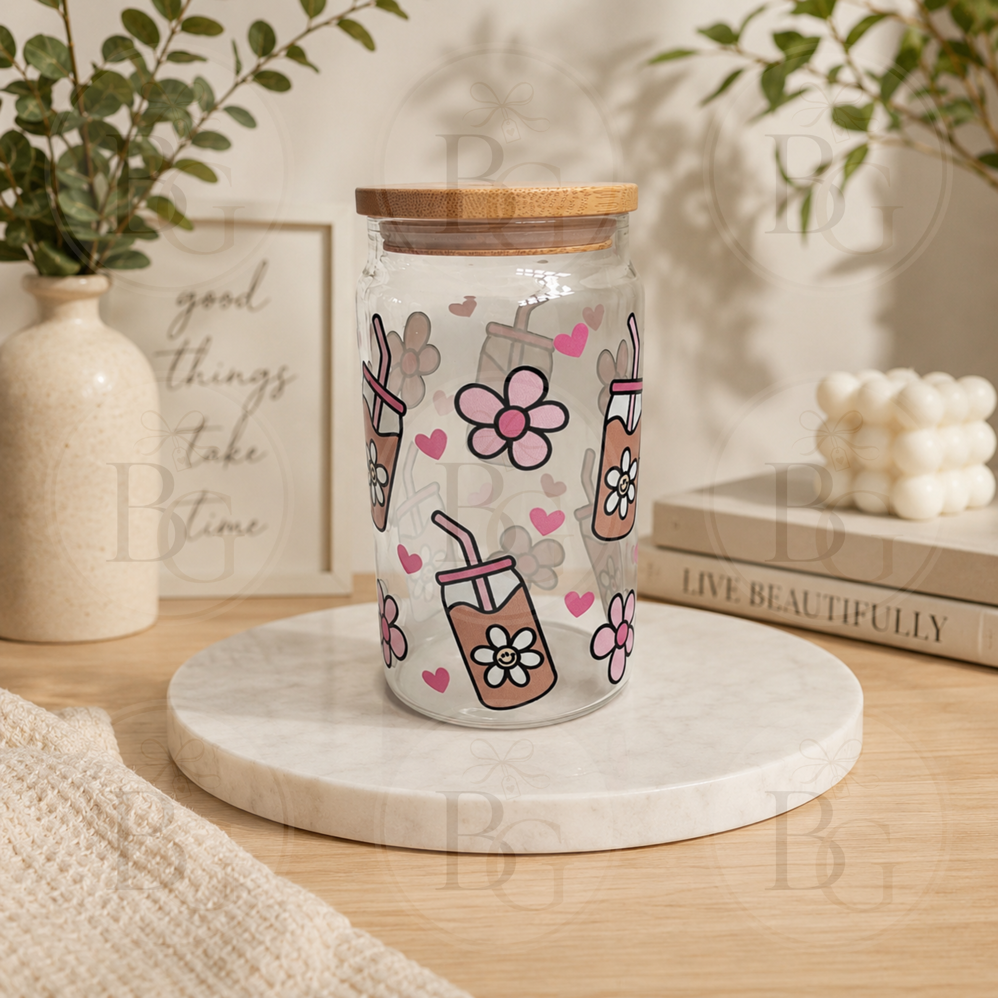 Iced Coffee & Flowers - 16oz Glass Tumbler