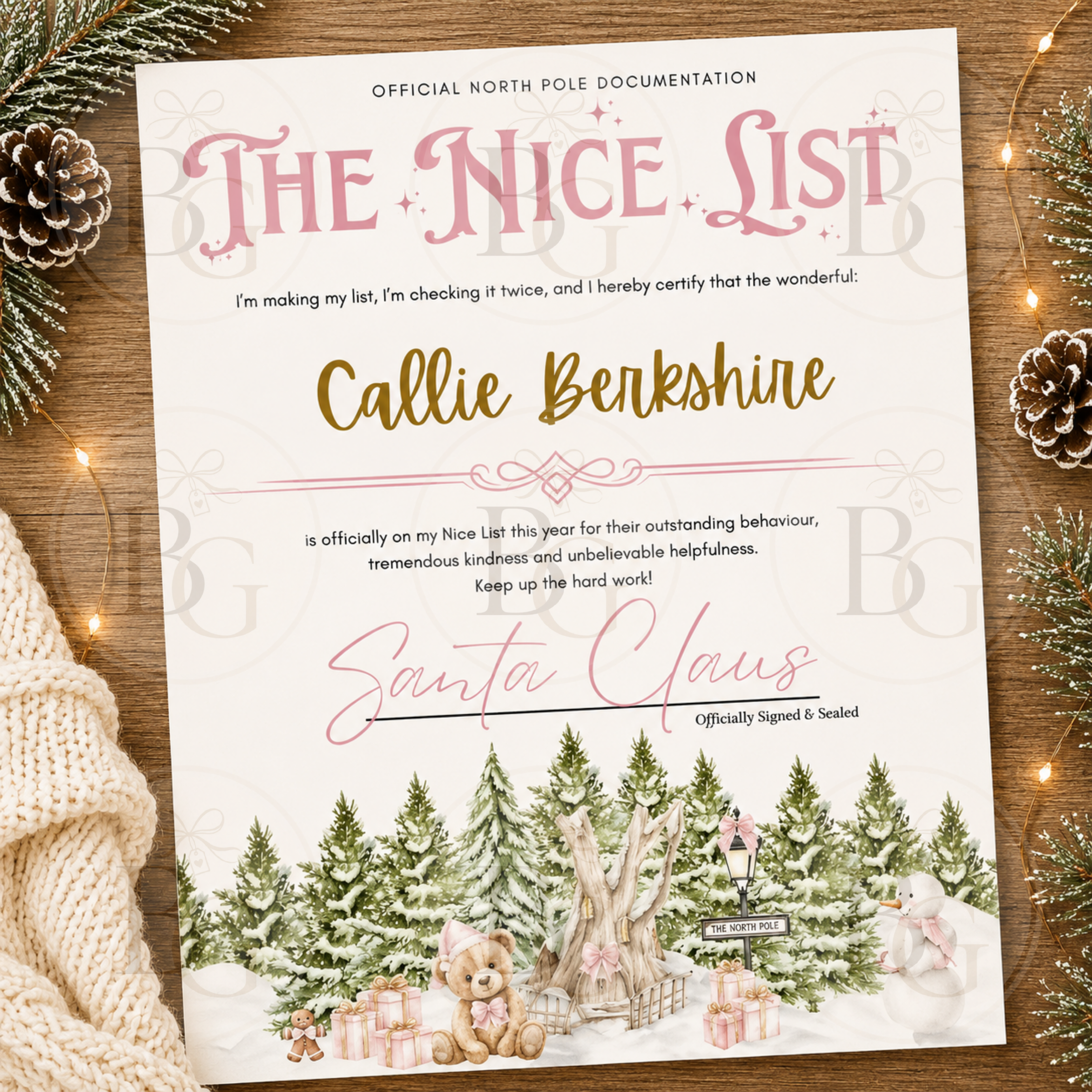 Personalised Nice List Christmas Certificate - Pink