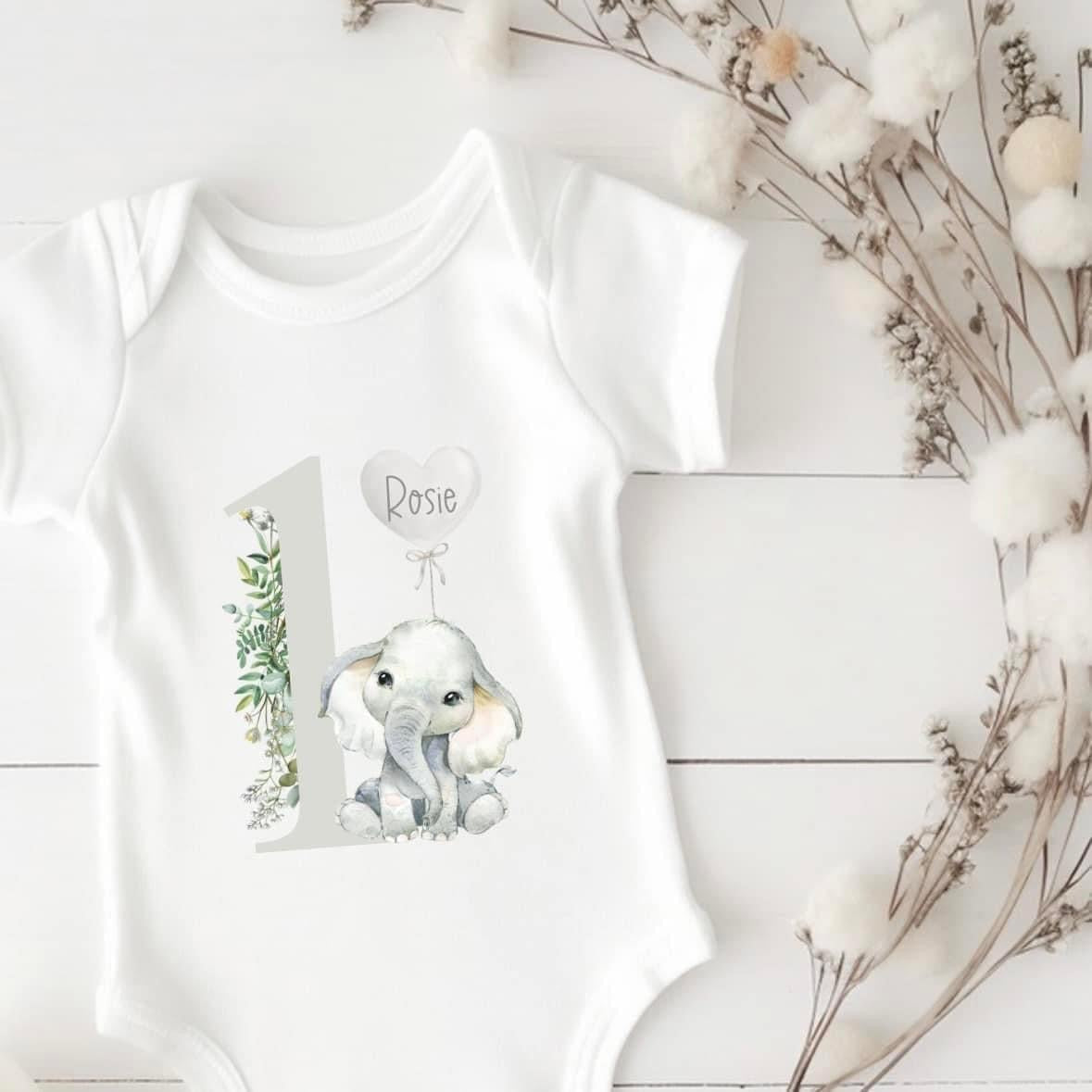 Personalised Number Elephant Short Sleeve Bodysuit