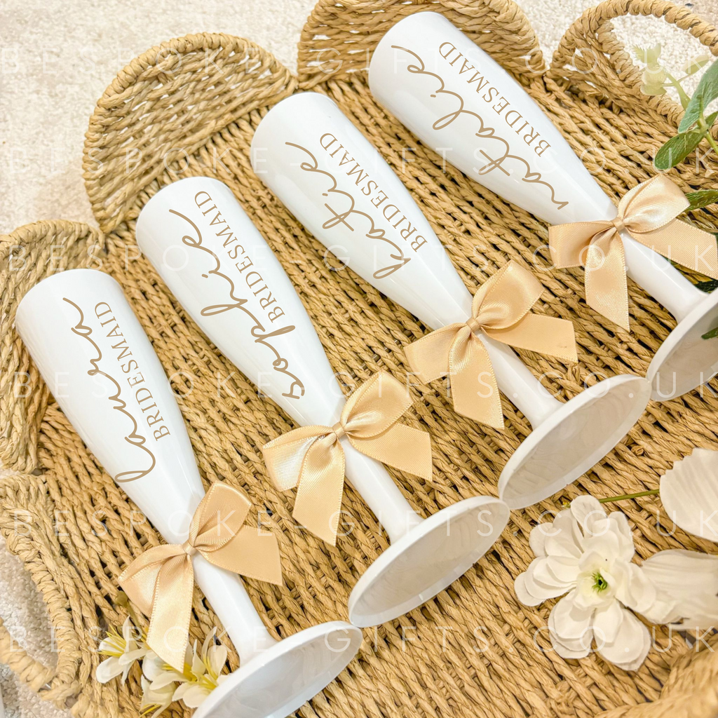 Personalised White Plastic Champagne Glasses