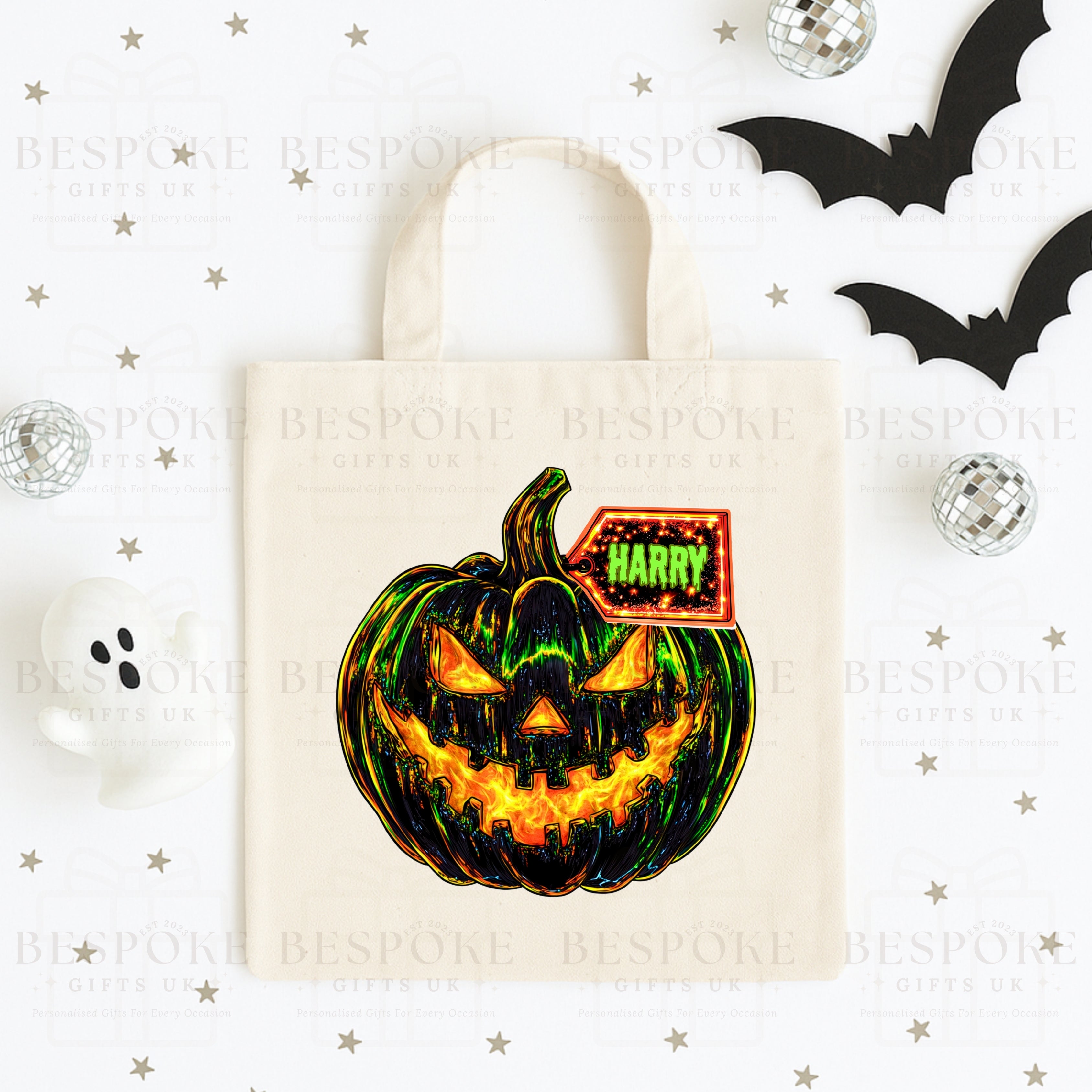 Personalised Sparkly Neon Pumpkin - Canvas Bag