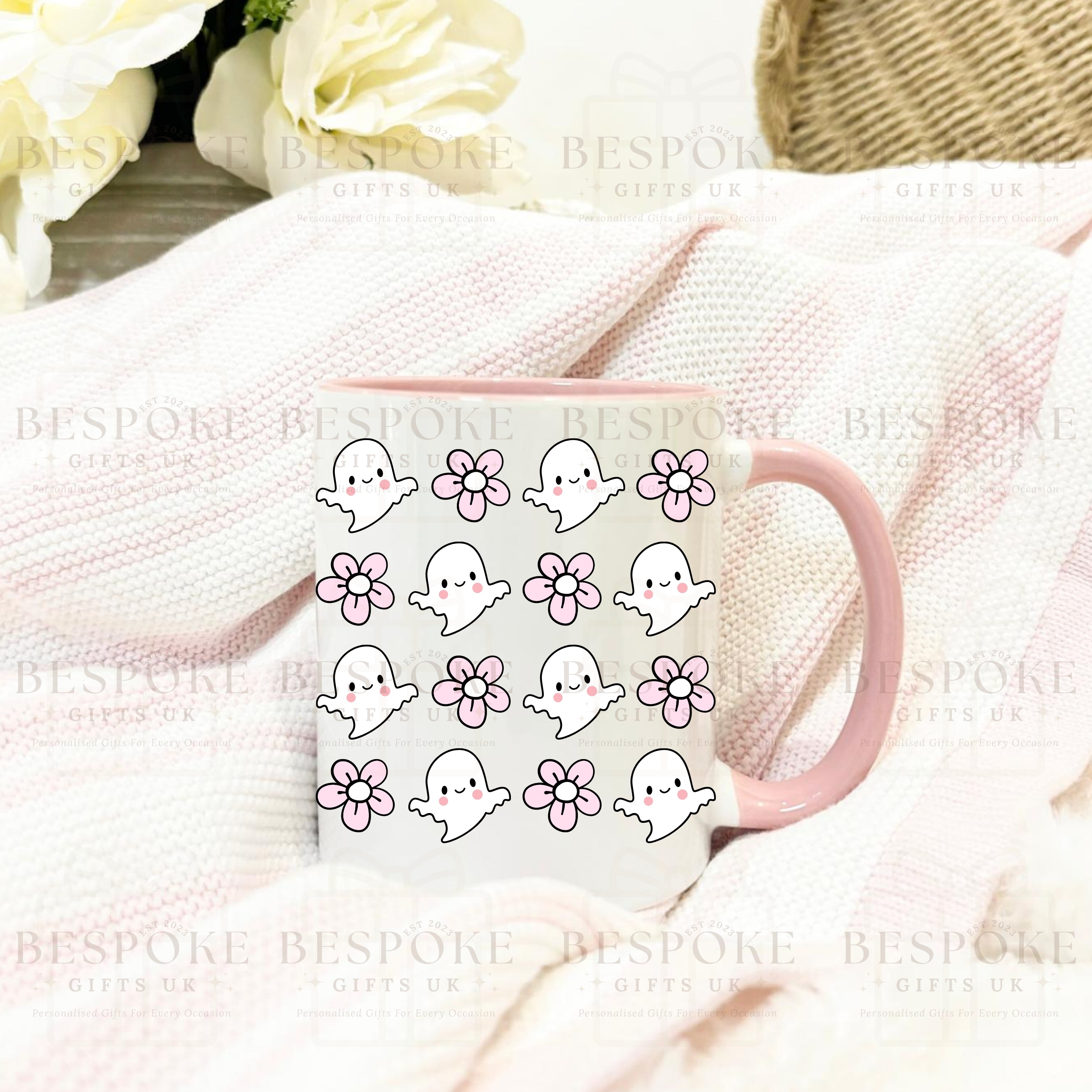 Cute Ghosts & Flowers 11oz Ceramic Mug - Pink
