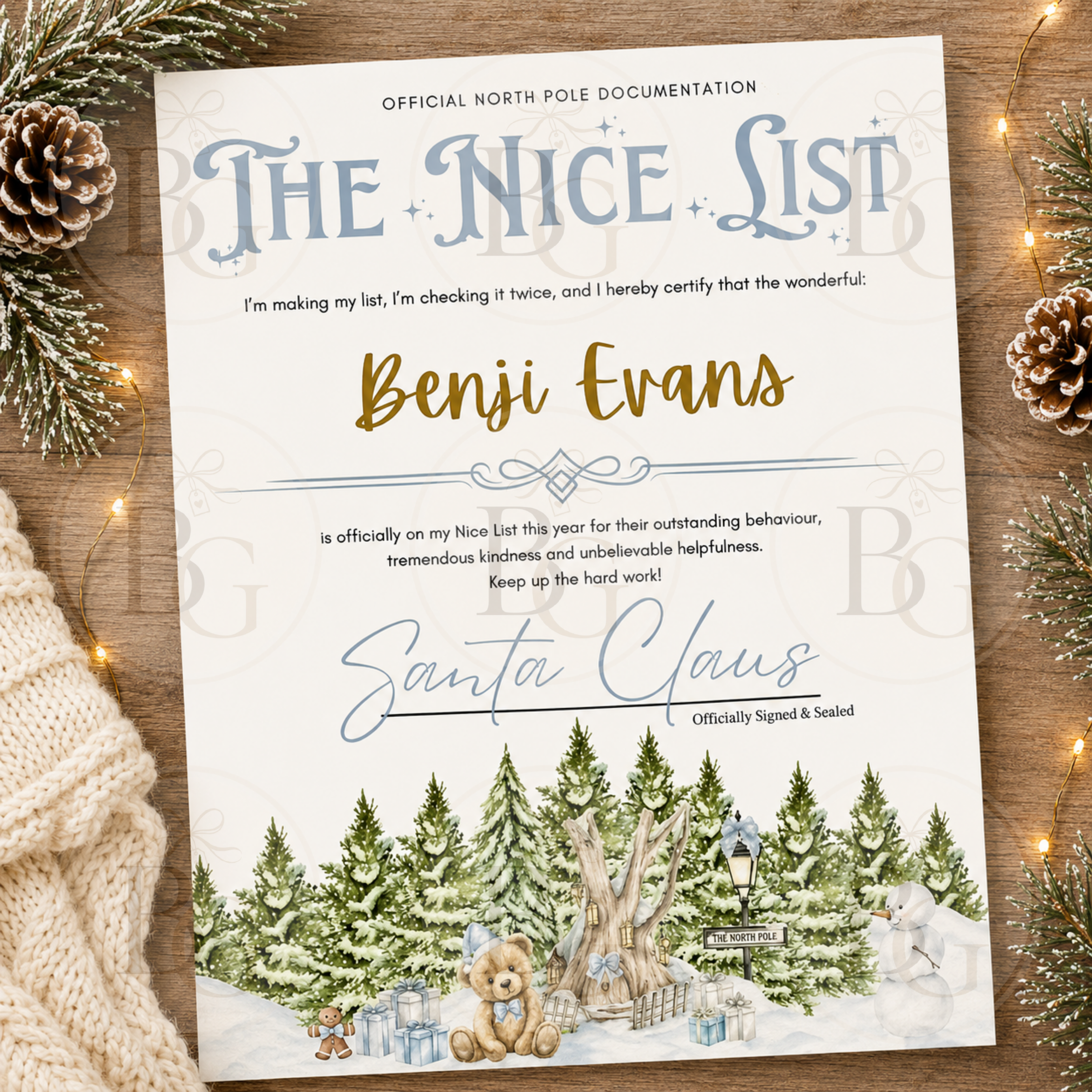 Personalised Nice List Christmas Certificate - Blue